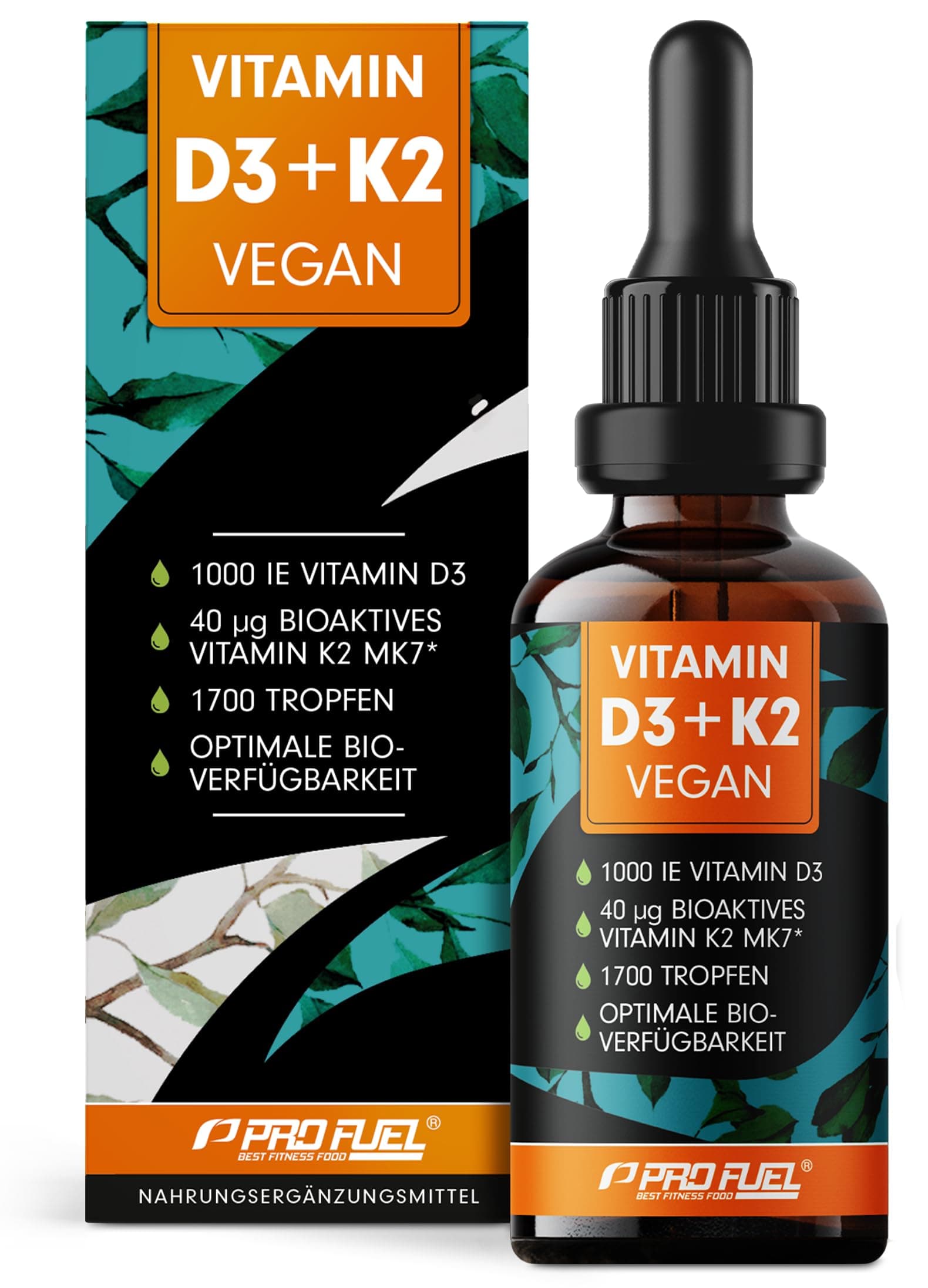 Vitamin D3 K2 vegan - 1700 Tropfen (50ml) - 1000 IE Vitamin D3 + 40 mcg K2 MK7 (Pharmaquinone®) pro Tag - zur täglichen Einnahme - veganes Vit. D3 (RAWD3®) - laborgeprüft mit Zertifikat