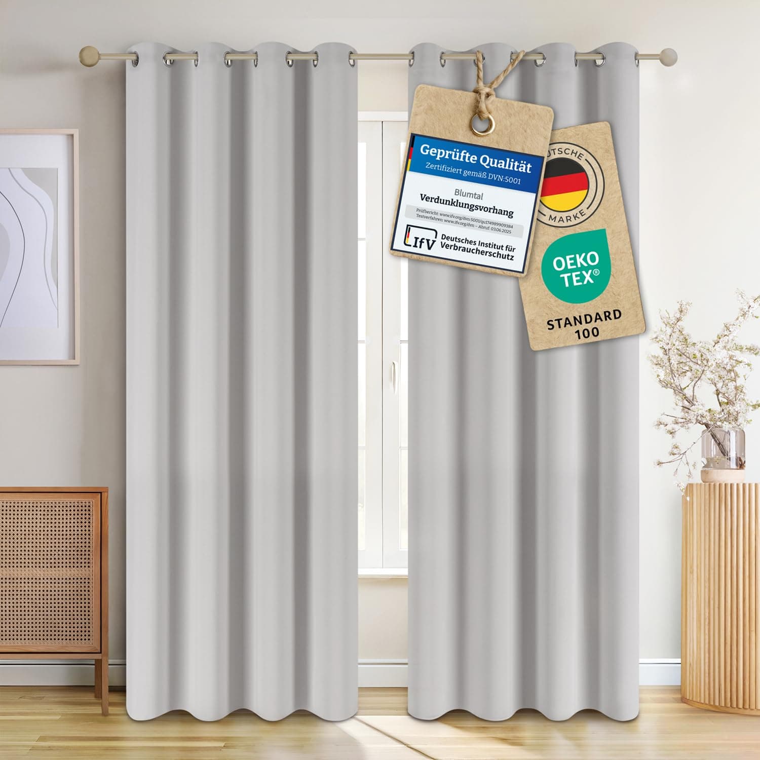 Blumtal Verdunklungsvorhänge 2er Set - Thermovorhang Hitzeschutz - Vorhang Blickdicht mit Ösen - Gardinenschals mit Schlaufen - Vorhänge mit Ösen - Gardinen 245x140 cm-Curtain - Moonlight Grey - Grau