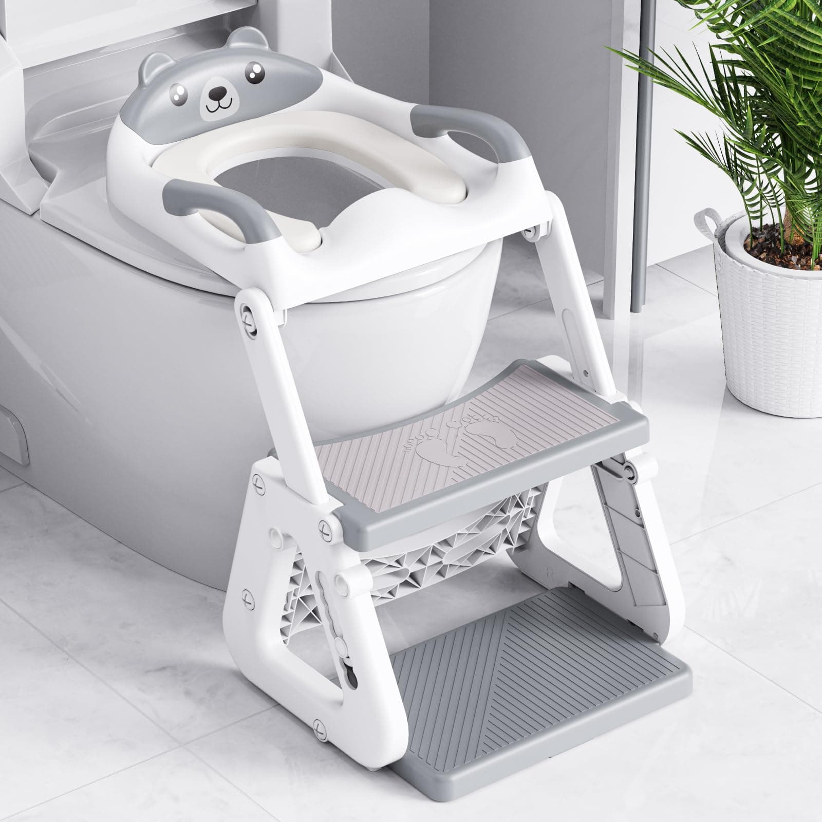 Riduttore Wc Bambini - Upgraded Riduttore Wc 2 in 1 - Struttura a Triangolo | Pedale Allargato | Paraspruzzi Estesi | Cuscino Morbido | Manico Allargato - Antiscivolo Pieghevole Leggero - Grigio Orso