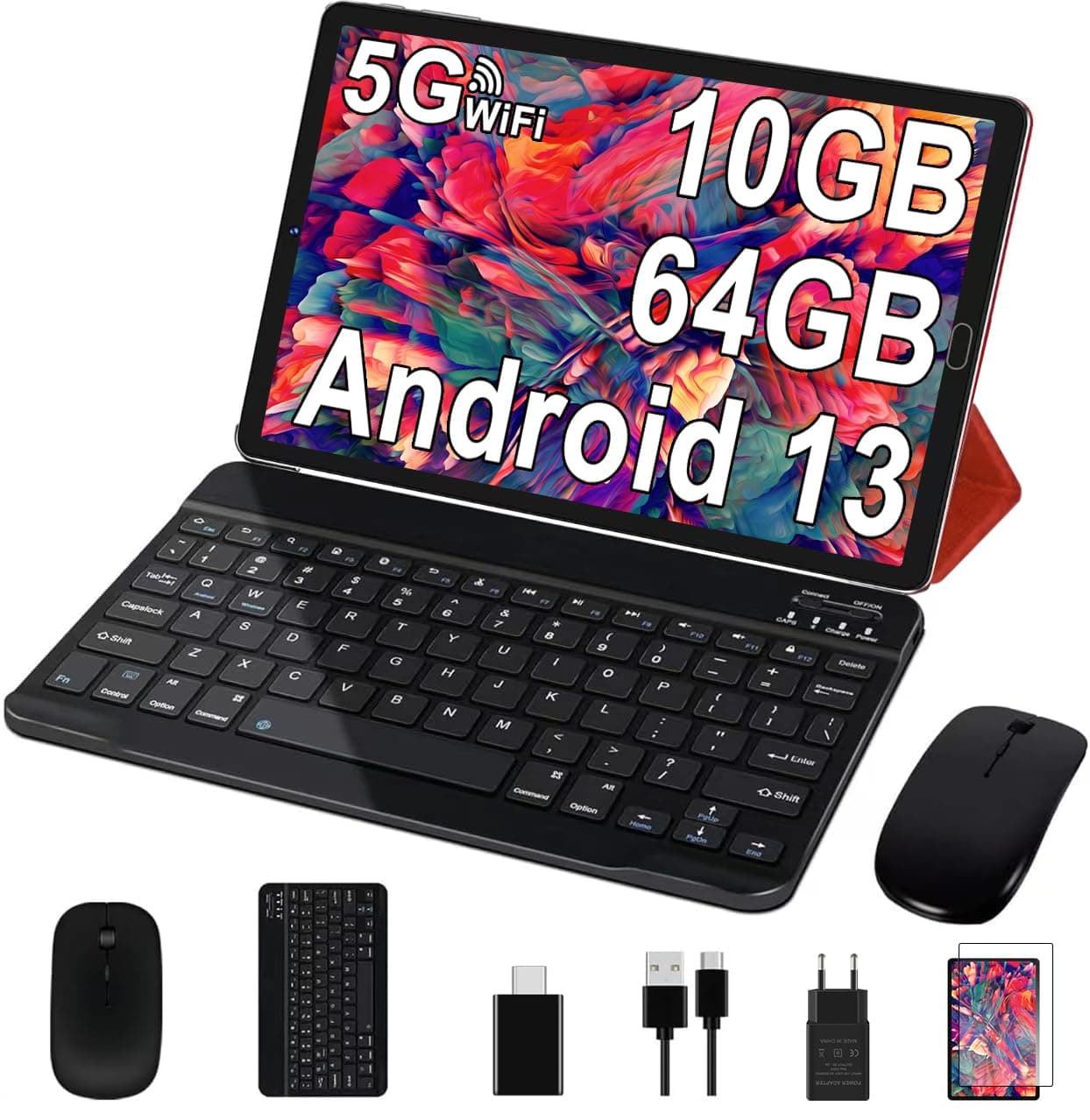 GOODTEL Tablette Android 64Go ROM +2 to TF Tablet 10 Pouces | 5G + 2.4G WiFi | GPS| Bluetooth 5.0 | 8MP + 5MP | Type C, OTG,Tablette Tactile avec étui, Clavier et Souris - Rouge