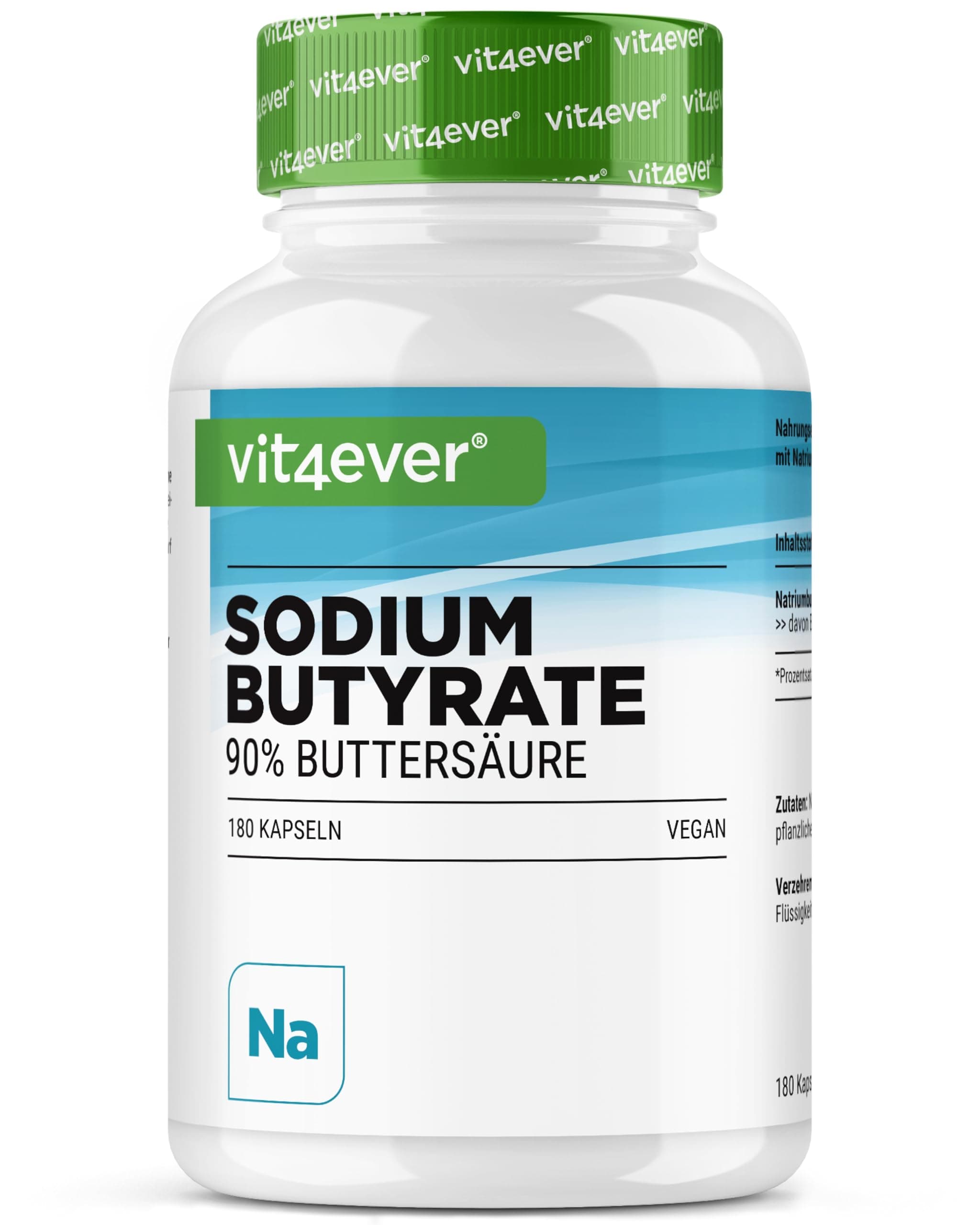 vit4ever Sodium Butyrate - 180 Kapseln mit 600 mg - Premium: 90% Buttersäure - Reines Natriumbutyrat ohne unerwünschte Zusätze - Hochdosiert - Vegan