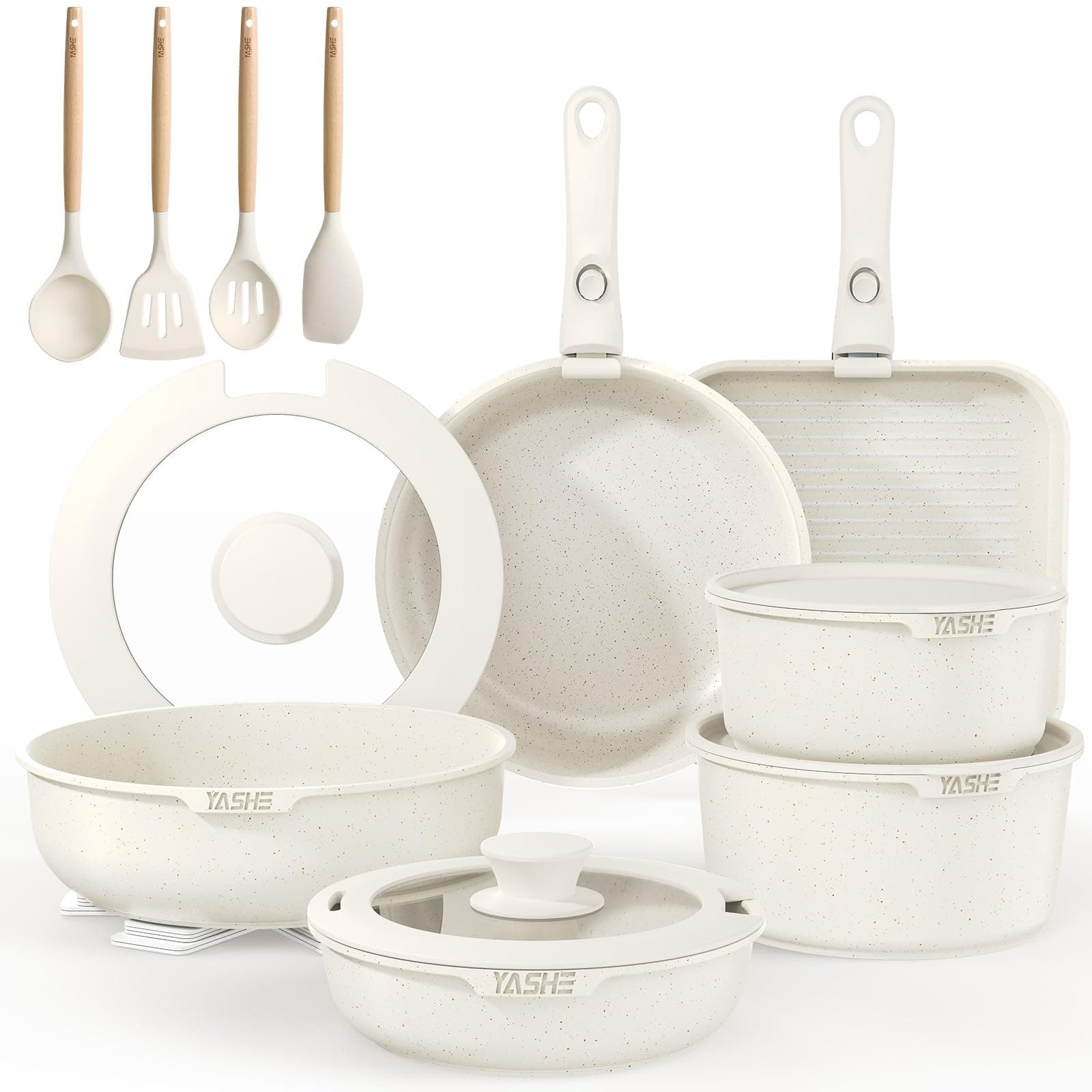 YASHE Set di pentole e padelle da 21 pezzi, set da cucina antiaderente con manici rimovibili e coperchi in vetro, compatibile con induzione, adatto per forno, impilabile, colore bianco