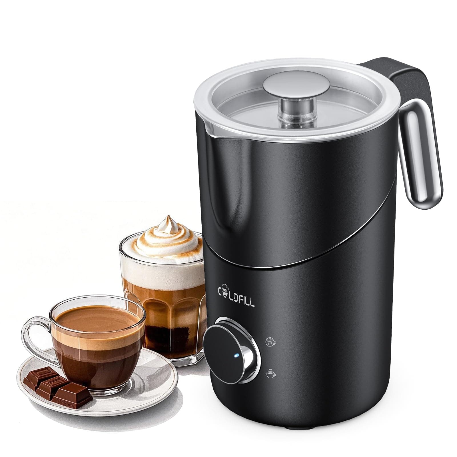 COLDFILL Montalatte Elettrico - Cappuccinatore Elettrico 8 in 1, 400 ml Schiumalatte Elettrico per Cappuccino/Latte Macchiato, Latte Vegetale, Lavabile in Lavastoviglie, Nero