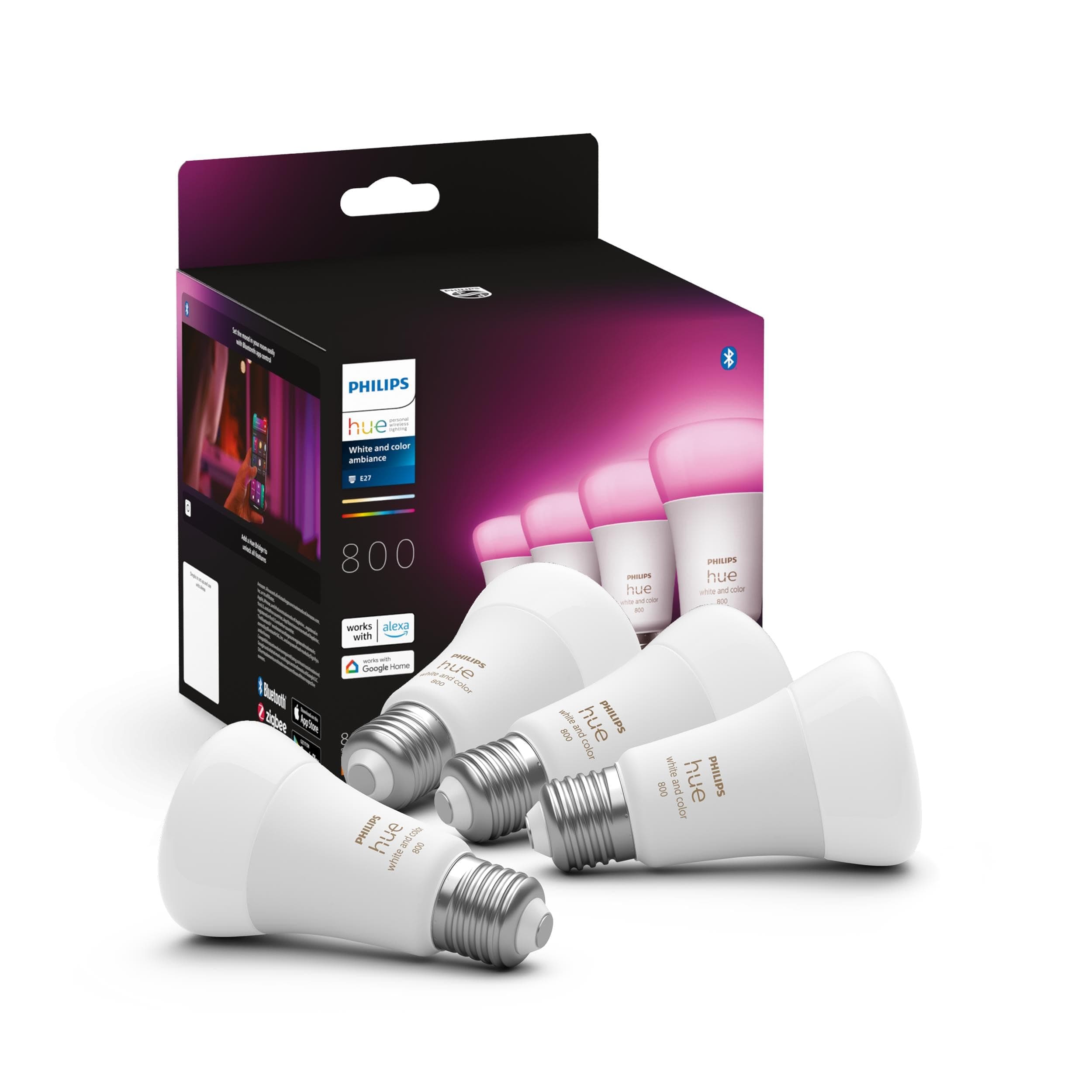 Philips Hue White & Color Ambiance E27 LED Glühbirne, 806 lm, 16 Mio. Farben, Dimmbar, Steuerbar via App und Stimme, Kompatibel mit Amazon Alexa, 4er Pack
