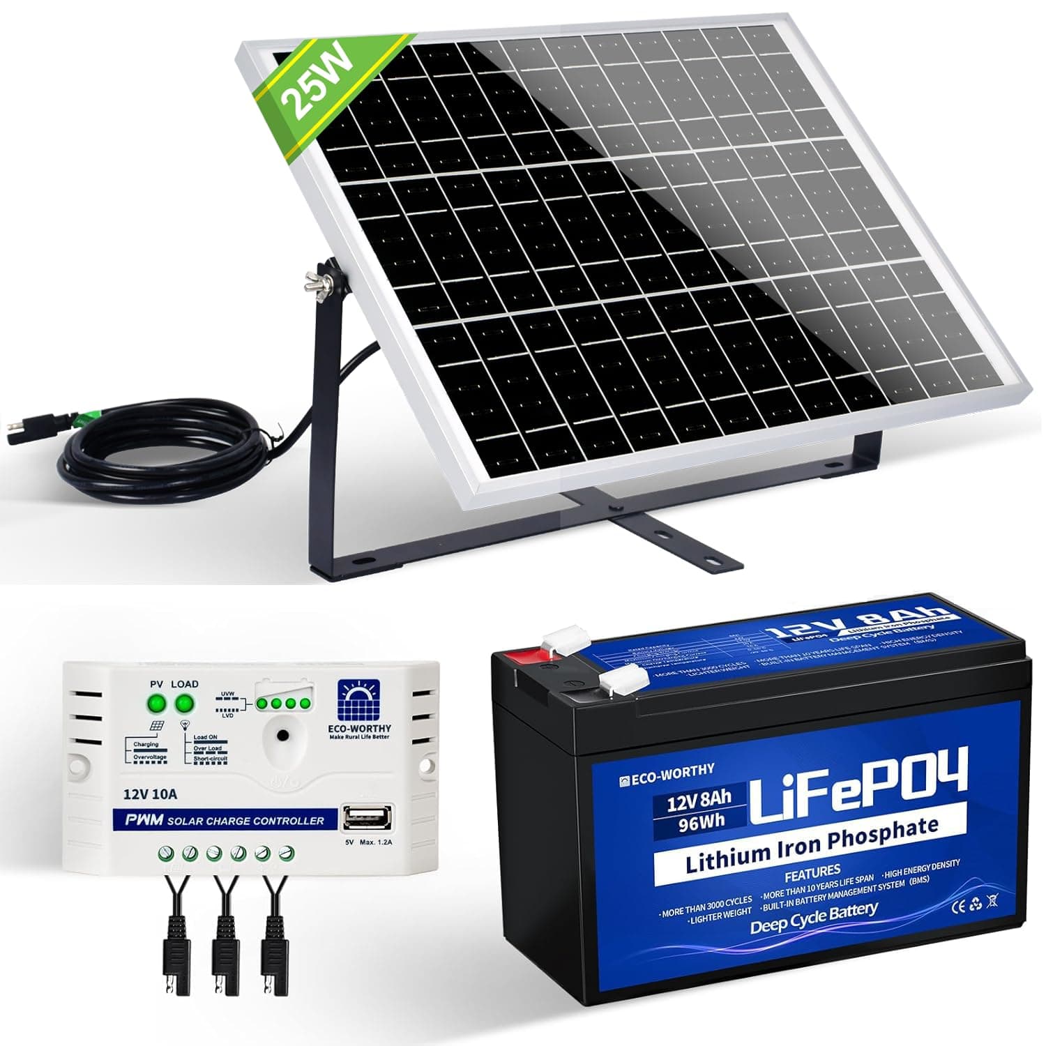 ECO-WORTHY Kit Panneau Solaire avec Batterie 25W 12V : Panneau Solaire 25W + Batterie Lithium 8Ah + Contrôleur 10A pour Système Hors Réseau/Poulailler/Porte Automatique/Pompe à l'Eau/Appareil DC