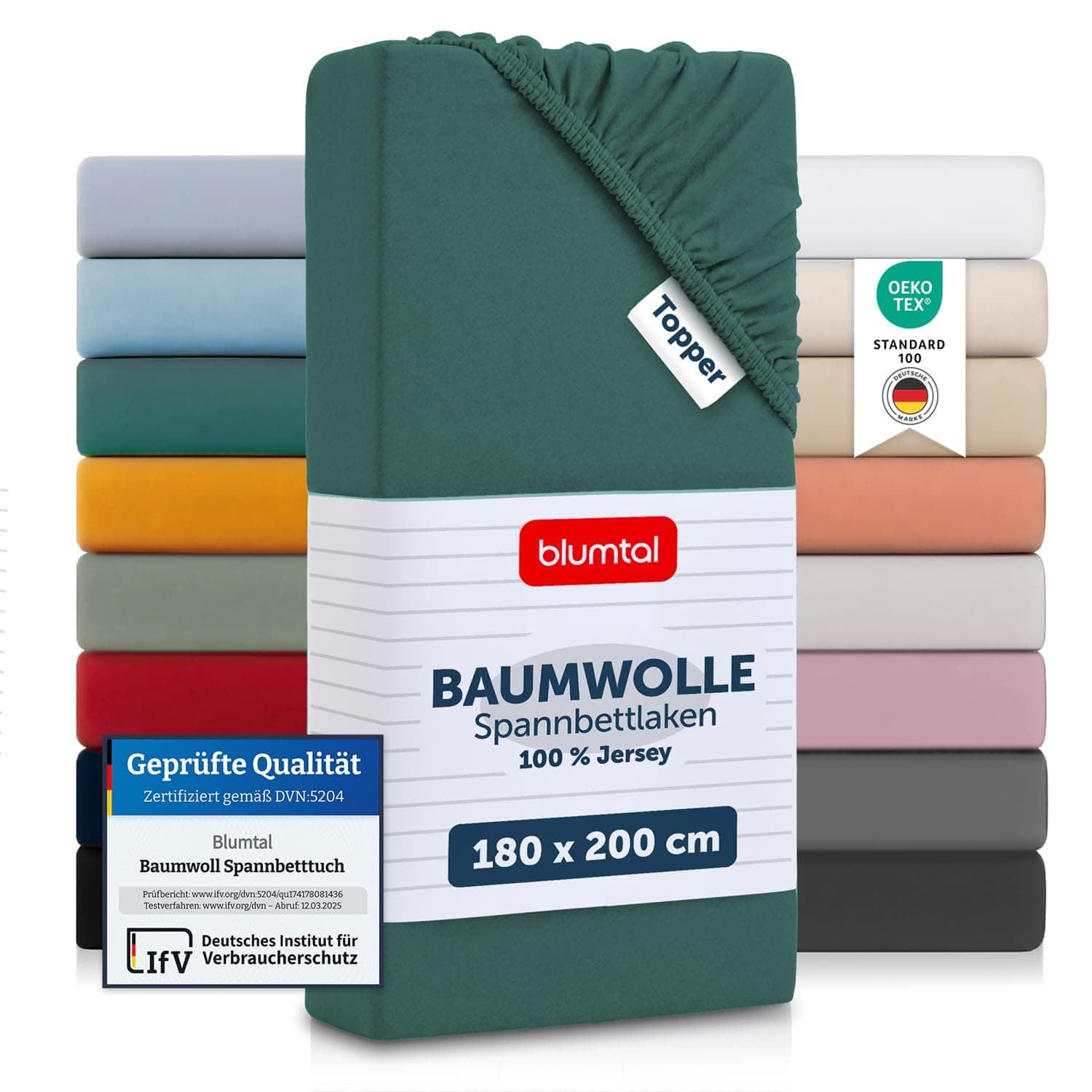 Blumtal® Baumwolle Spannbettlaken für Topper 180x200x15cm Basics Jersey - Oeko-TEX zertifiziertes Spannbetttuch 180x200cm - Silver Pine