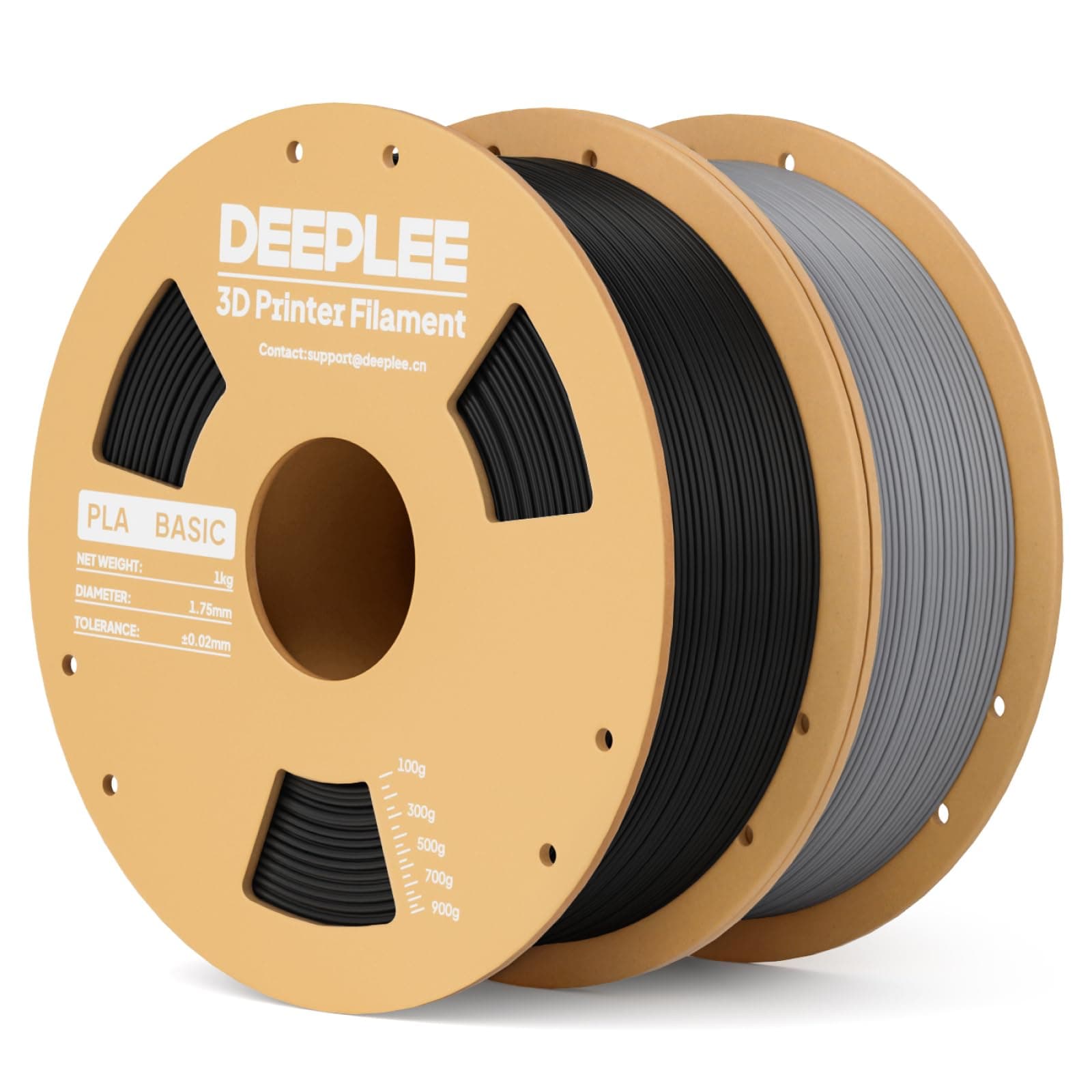 DEEPLEE PLA Basic 1.75 mm, Kit 2 Bobinas Negro y Gris (2 kg). Precisión ±0.02 mm. Bobina Perfecta Sin Atascos. Ideal para Principiantes. Compatible con Impresoras FDM.