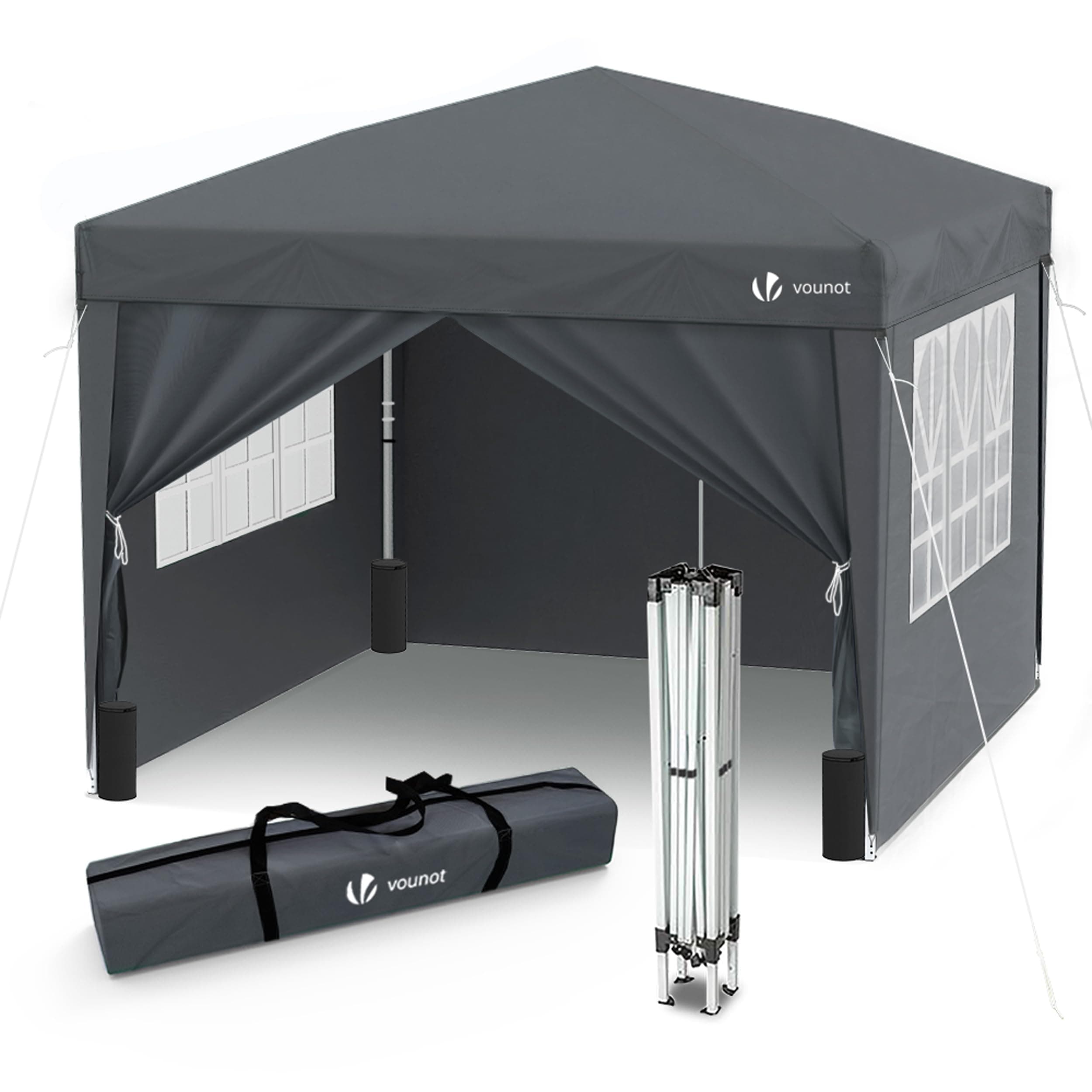 VOUNOT® Tonnelle de Jardin Tente 3x3m Pliable avec 4 Côtés et 4 Sacs de Sable Tente Pliante de Jardin pour Camping Festival Plage Jardins Sac de Transport Inclus Gris