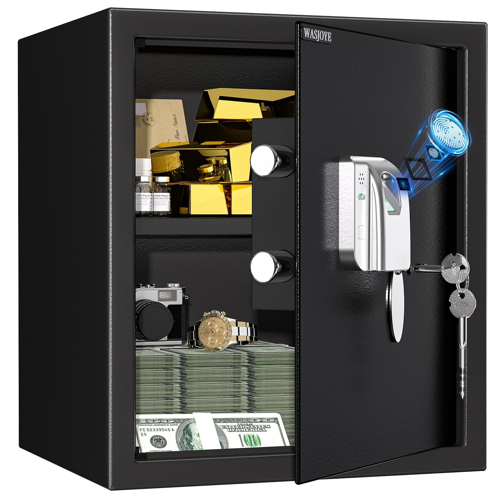 WASJOYE 43L Cassaforte per Impronte Digitali, Cassaforti Biometrica con Chiave, Cassaforte Elettronic Automatica con Identificazione delle Dita, Cassetta di Sicurezza per Casa Hotel Ufficio-40*35*31cm