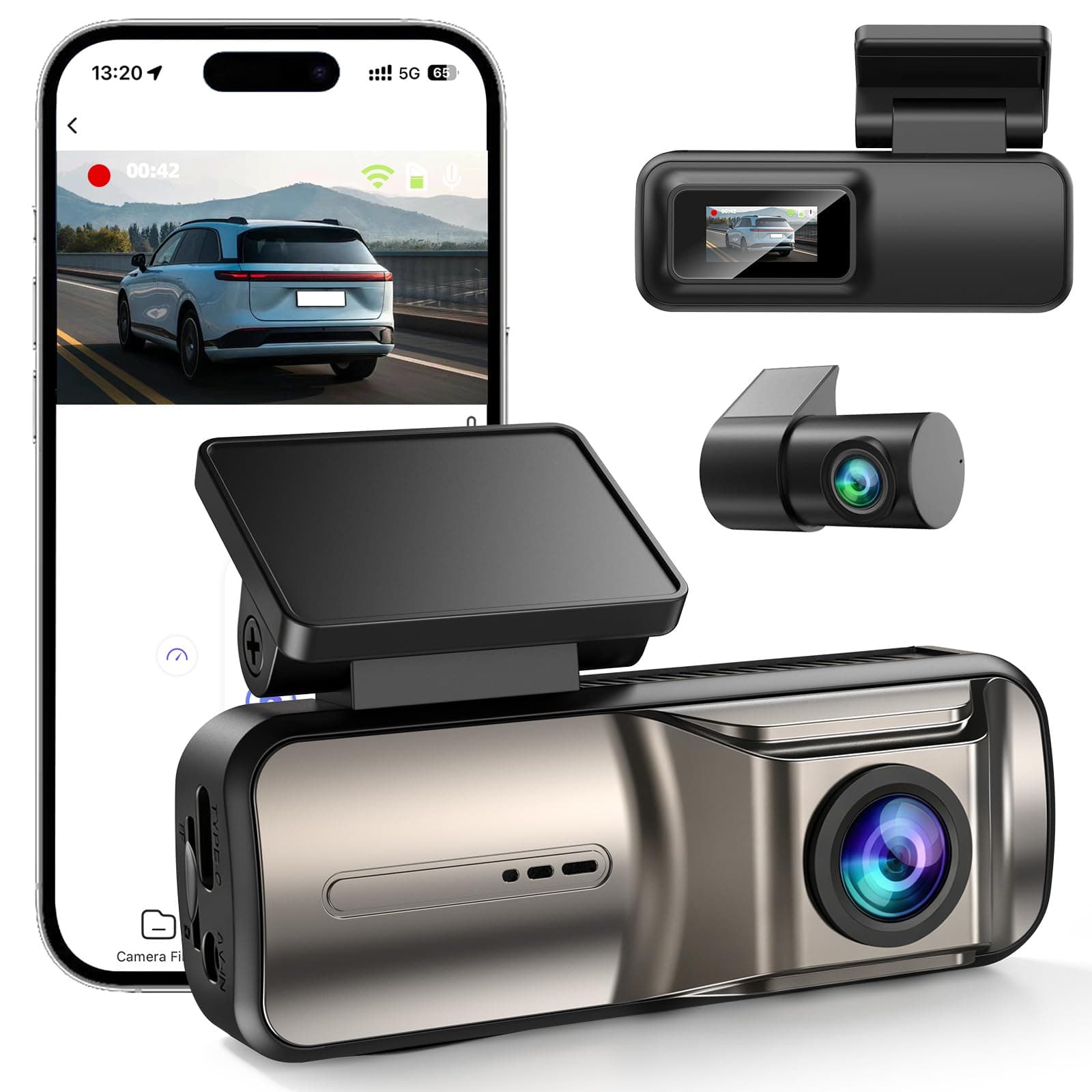 FLUXEONS Dashcam Voiture Avant Arriere 4K +1080P, Contrôle APP avec Wi-FI 5G, Carte 64 Go, Moniteur de Stationnement 24H, WDR, Vision Nocturne, G-Sensor, Grand Angle de 170° (X3)