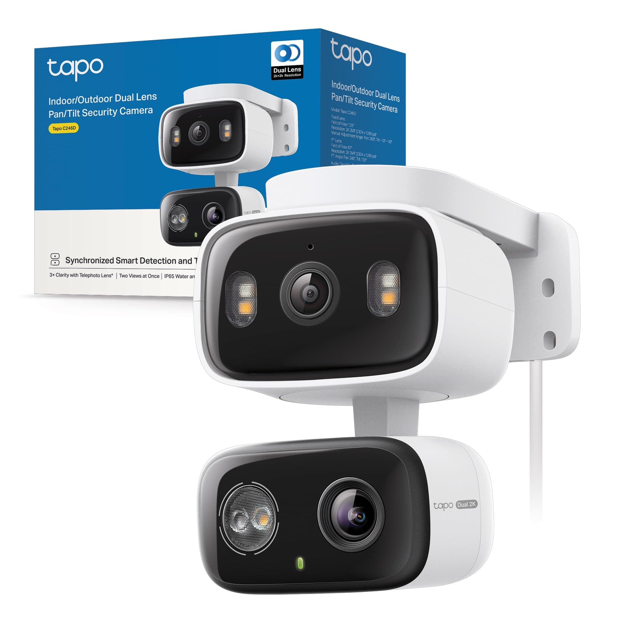 Tapo C246D Telecamera WiFi Esterno Doppio Obbiettivo(3MP+3MP), Pan/Tilt, Visione Notturna a Colori, Notifiche AI Persone/Animali Domestici/Veicoli/Bimbi, Tracciamento Smart, IP65, 2 Views in 1 Schermo