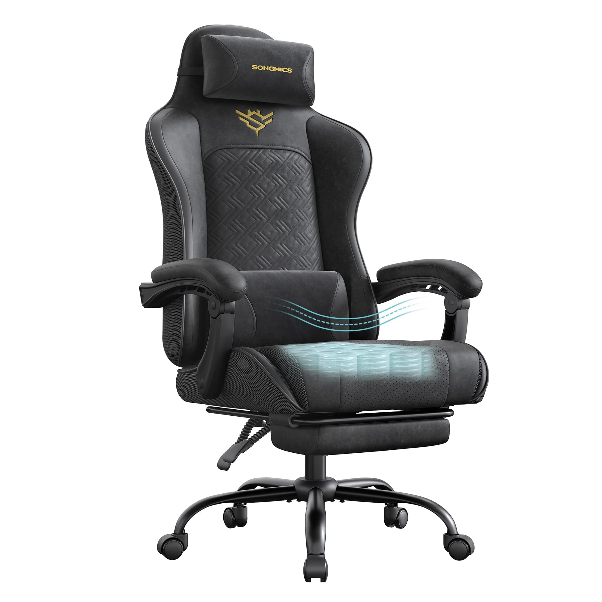 SONGMICS Sedia Gaming, Sedia da Ufficio Scrivania, Ergonomica, Seduta con Molle, Poggiapiedi, Braccioli con Meccanismo Sincronizzato, Nero Inchiostro OBG079B01