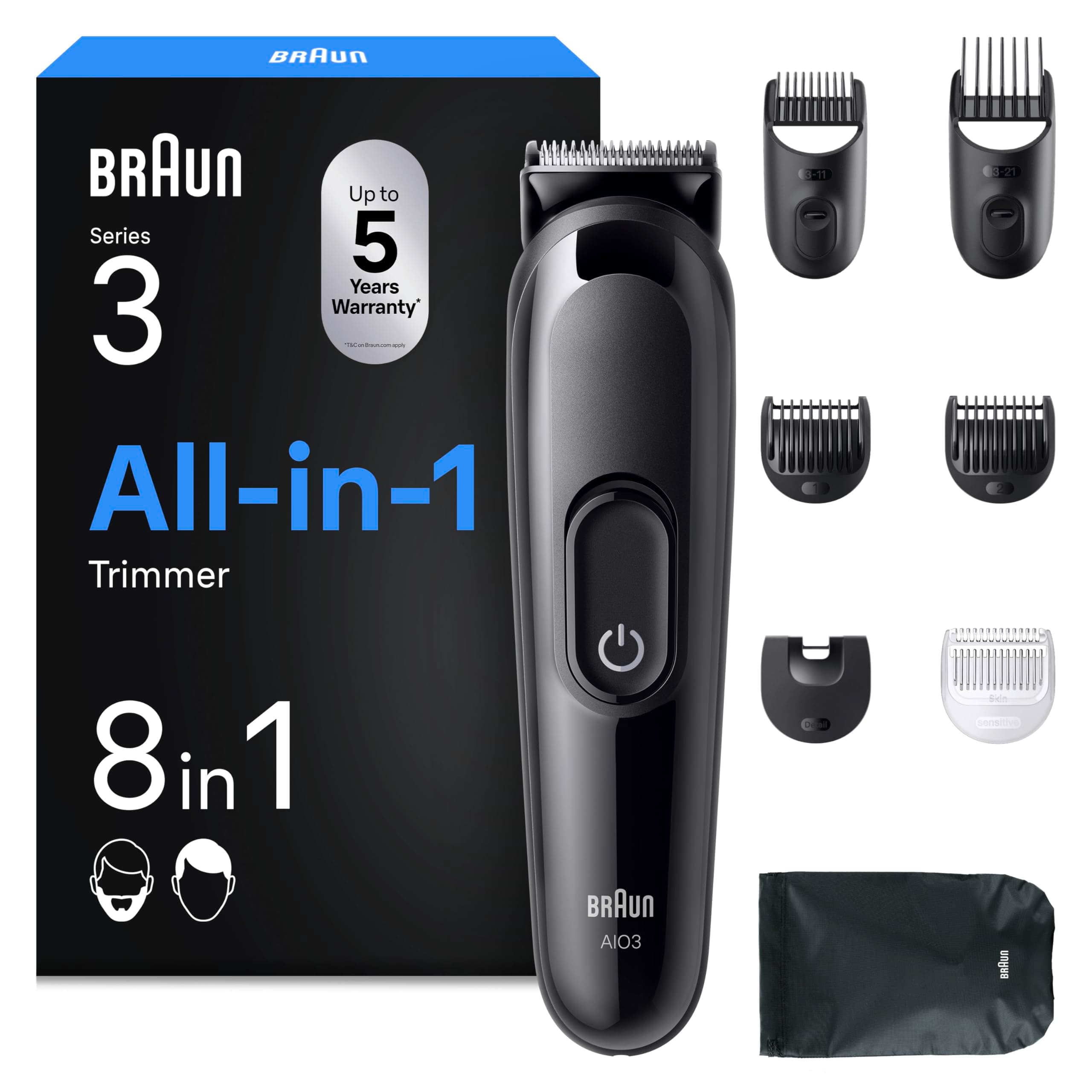 Braun All-in-One Series 3, 8-in-1 Multigroom, Barttrimmer, Haarschneider, Haarschneidemaschine für Gesicht und Kopf, 50 Min Akku, 14 Längen (3–21 mm), AIO3545, Schwarz