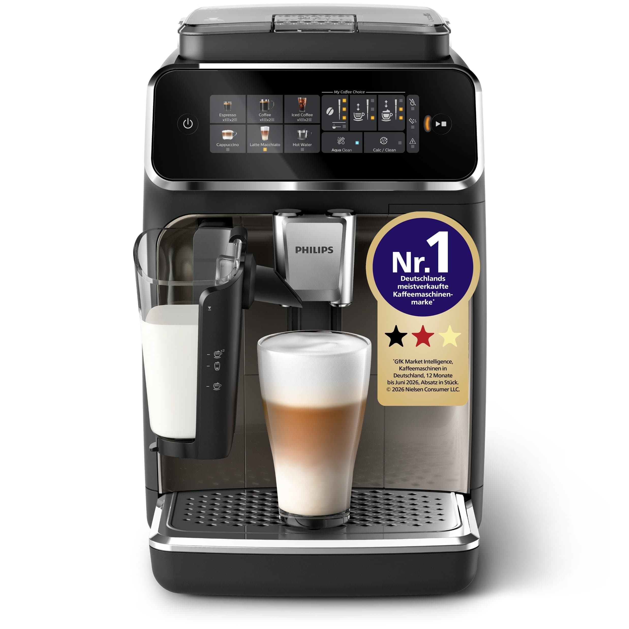 PHILIPS Kaffeevollautomat LatteGo 3300 Serie, Chrom, 6 Spezialitäten | Espressomaschine, LatteGo Milchsystem, einfache Reinigung, SilentBrew, Farb-Touch-Display, Keramikmahlwerk (EP3347/90)
