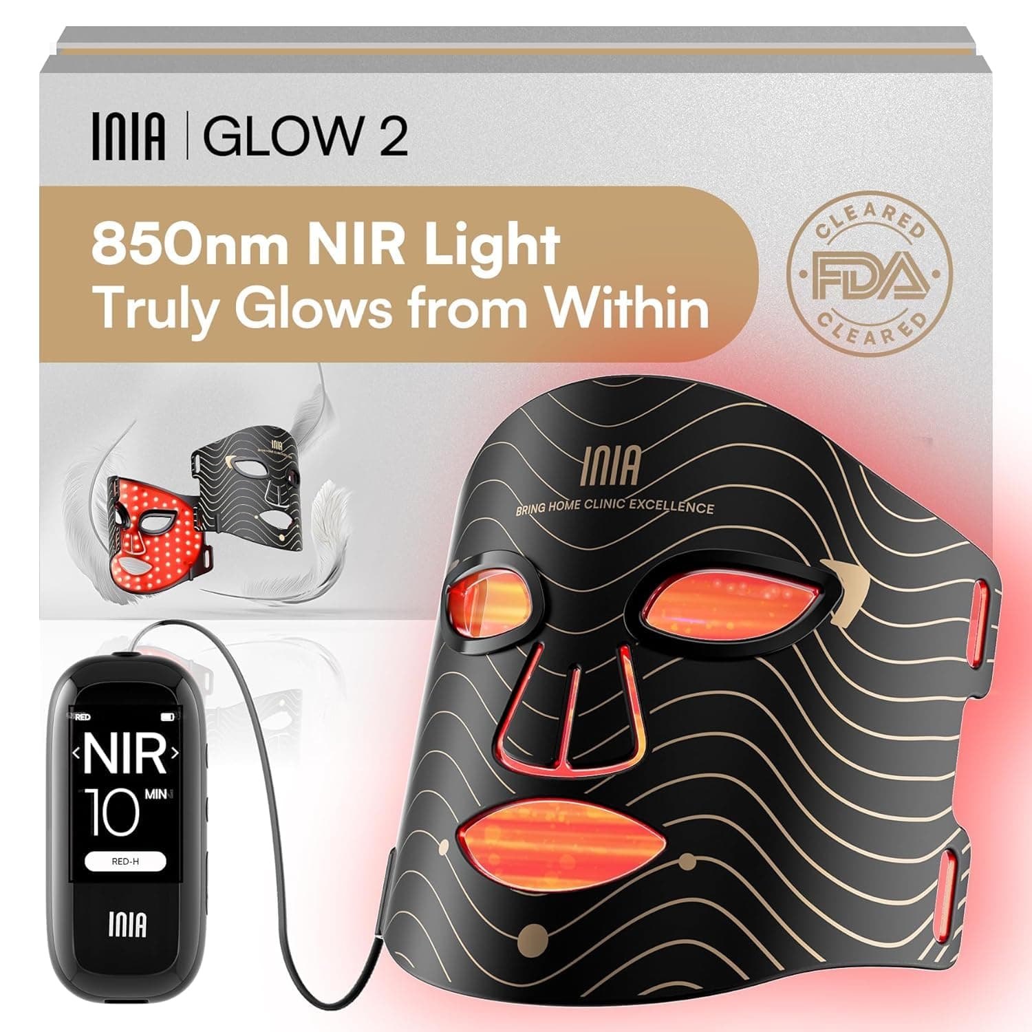Máscara facial LED INIA: máscara de terapia de luz roja con 4 modos de luz, 850 nm NIR, terapia de LED roja y azul, 220 cuentas, máscara infrarroja recargable Longitud de onda
