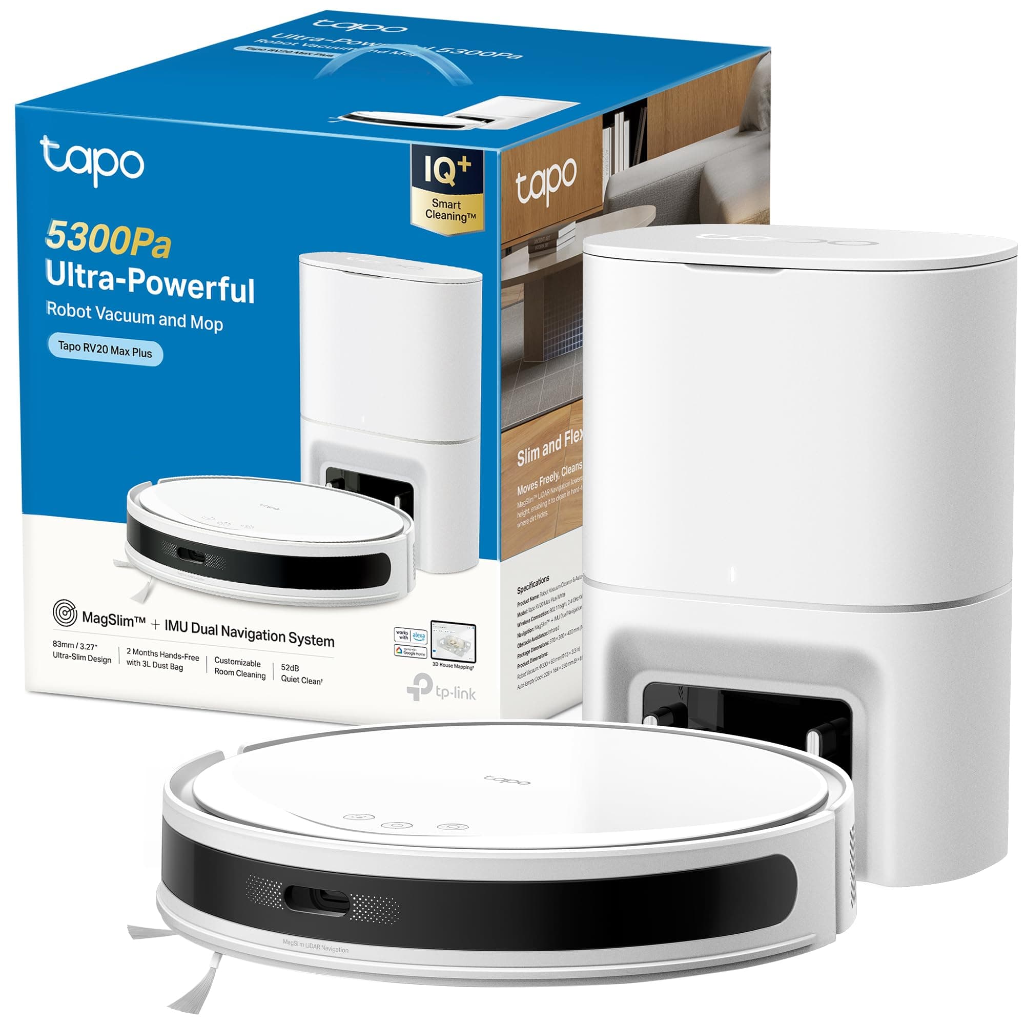 Tapo RV20 Max Plus Bianco Robot Aspirapolvere Lavapavimenti con Mappatura 5300Pa, Svuotamento Automatico Polvere 3L, Navigazione LiDAR MagSlim, Design Ultra Compatto 83mm, Controllo APP&Alexa&Google
