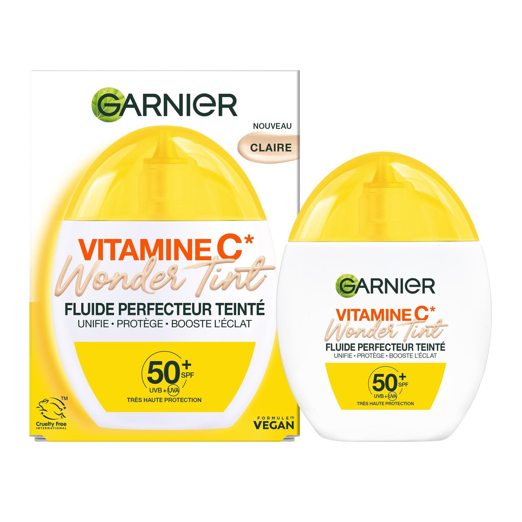GARNIER - SkinActive Vitamine C - Fluide Perfecteur Teinté Wonder Tint SPF50+ - Soin Teinté Visage Protecteur - Unifie, Hydrate & Réduit les Taches Brunes - Tous Types de Peaux - Teinte Claire - 40 ml