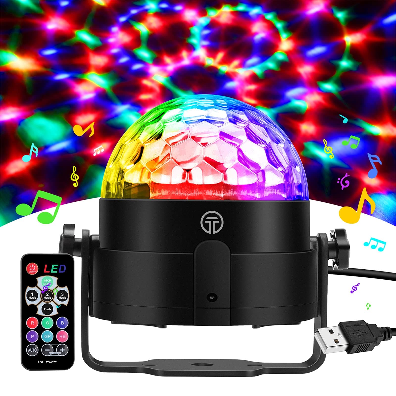 Bola Luces Discoteca LED, 7 Colores RGB Luz con Sonido Activado, 4M Cable USB, Rotación de 360 , Ideal para Cumpleaños, Discoteca, Fiesta, Bar, Navidad, Bodas