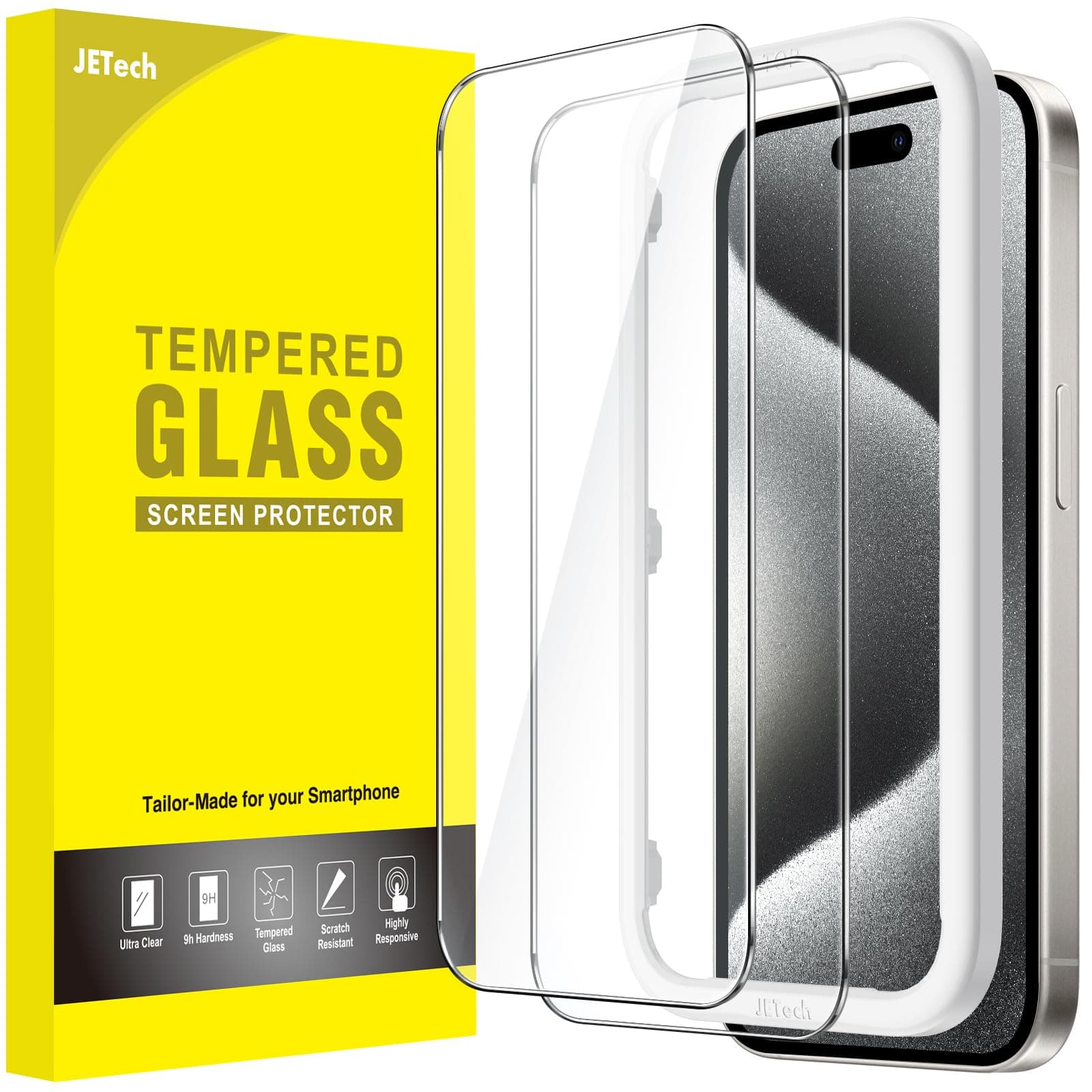 JETech Schutzfolie für iPhone 15 Pro 6,1 Zoll, Blasenfrei, Panzer Schutz Glas Folie Displayschutz mit Einfaches Installationswerkzeug, Hat Keinen Einfluss auf die Hülle, HD Klar, 2 Stück