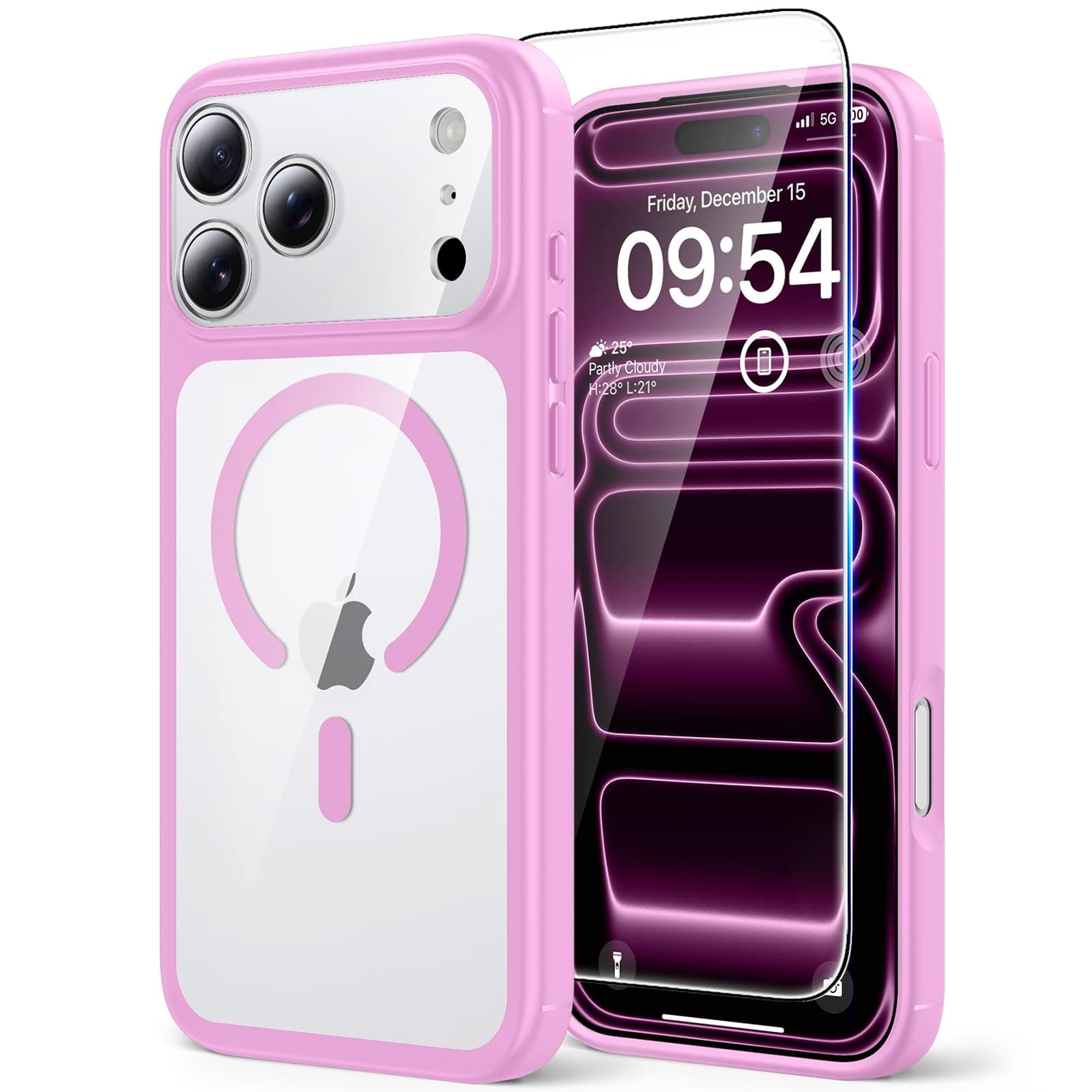 TAURI Cover per iPhone 17 Pro con Pellicola in Vetro Temperato,Protezione Completa della Fotocamera,[Compatibile con MagSafe] Magnetica Custodia per Sottile Anticaduta - Rosa