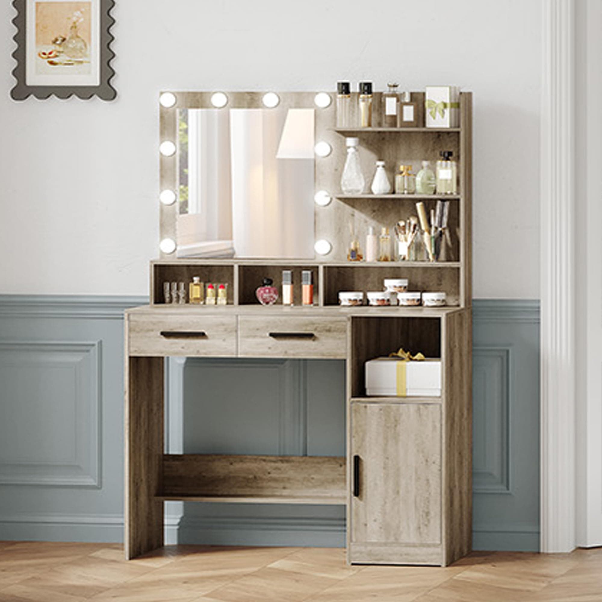 Hzuaneri Coiffeuse avec Miroir et 10 Lumières LED Réglables, Greige | Table de Maquillage avec 2 Tiroir et 1 Armoire, 3 Étagères et 4 Compartiments Ouverts, DT32505X