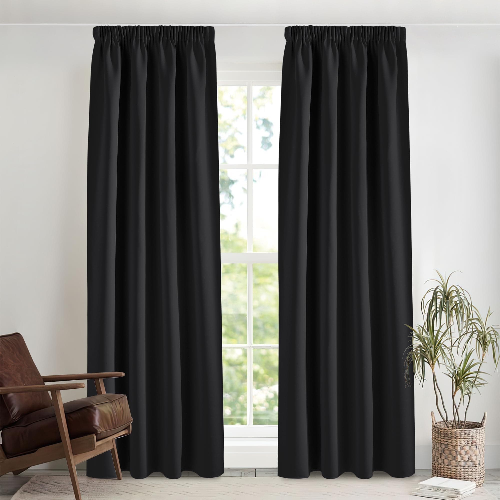 PONY DANCE Schwarze Blickdichte Gardinen mit Kräuselband für Schiene 2er Set H 260 x B 140 cm Thermovorhang Hitzeschutz Schlafzimmer Vorhänge für Guten Schlaf Schaffen Blackout Curtains