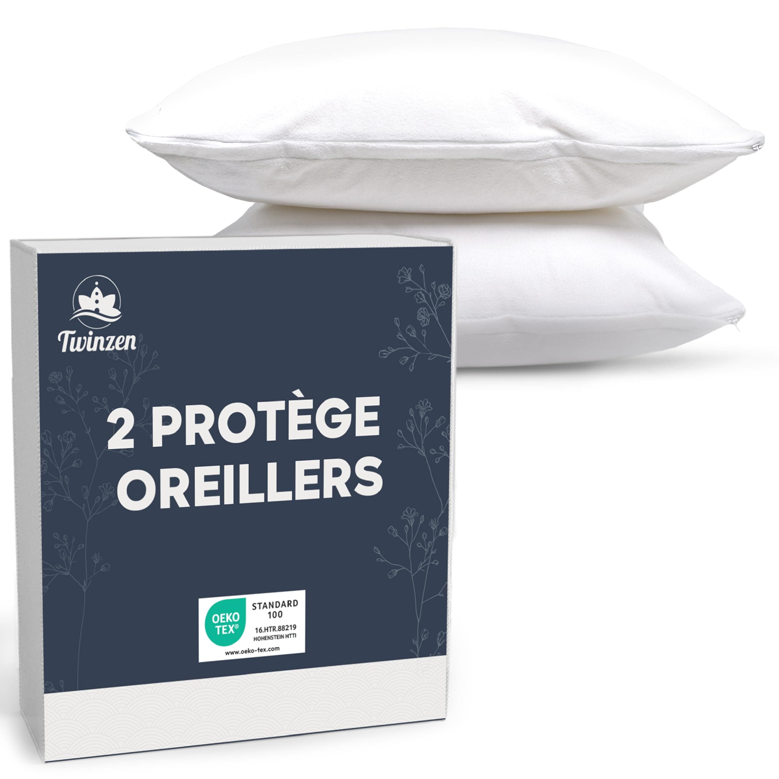 Protege Oreiller 60x60 - Lot de 2 Housse Oreiller 60x60 Impermeable avec Fermeture Zip - Certifié Oeko-Tex - Technologie Twinzen Protège Oreiller 60x60 cm Blanc