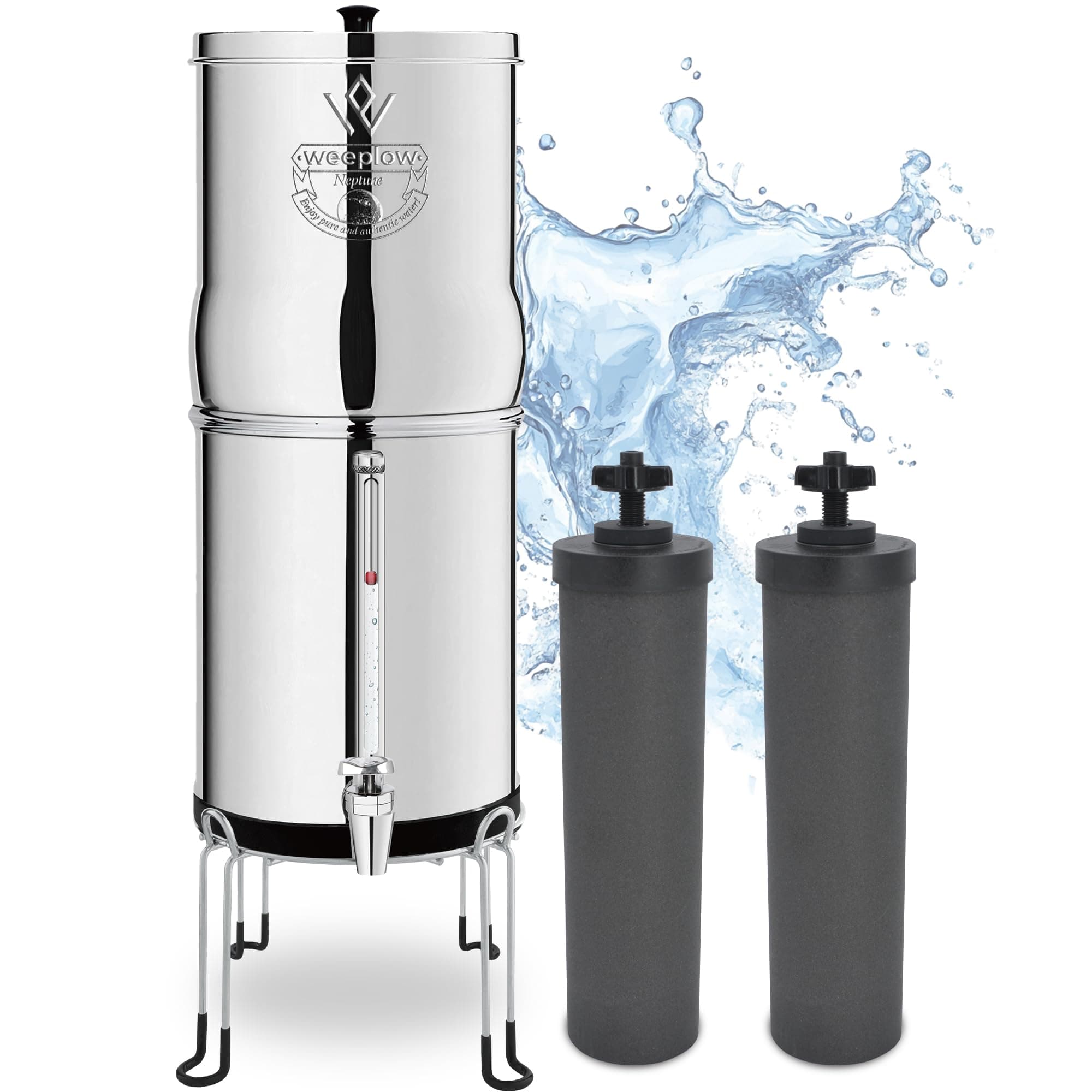 Weeplow® Neptune - Système de Filtration d'Eau par Gravité 11 Litres AISI 304 avec 2 Eléments de Purification O'Pure 2, Robinet avec Niveau d'Eau et Support Inox Offert