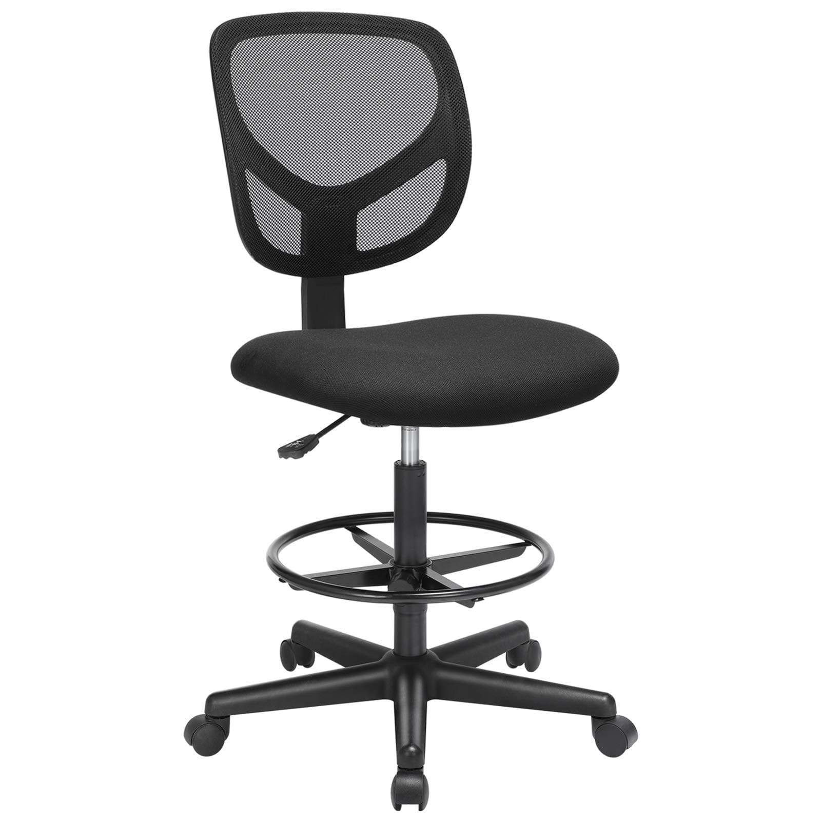 SONGMICS Hocker mit runder Fußstütze, höhenverstellbar, ergonomischer Sitz, drehbarer Bürostuhl, ohne Armlehnen, Bezug der Sitzfläche aus Stoff, maximale Belastung 120 kg, Schwarz OBN15BK