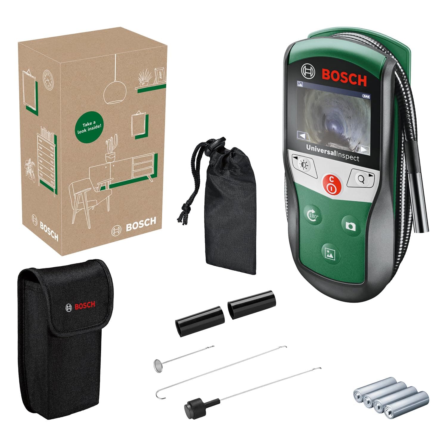 Bosch Caméra d'inspection UniversalInspect (Endoscope d'un diamètre de 8 mm, Longueur Flexible de 0,95 m, Fonction mémoire intégrée, dans boîte Carton pour e-Commerce)