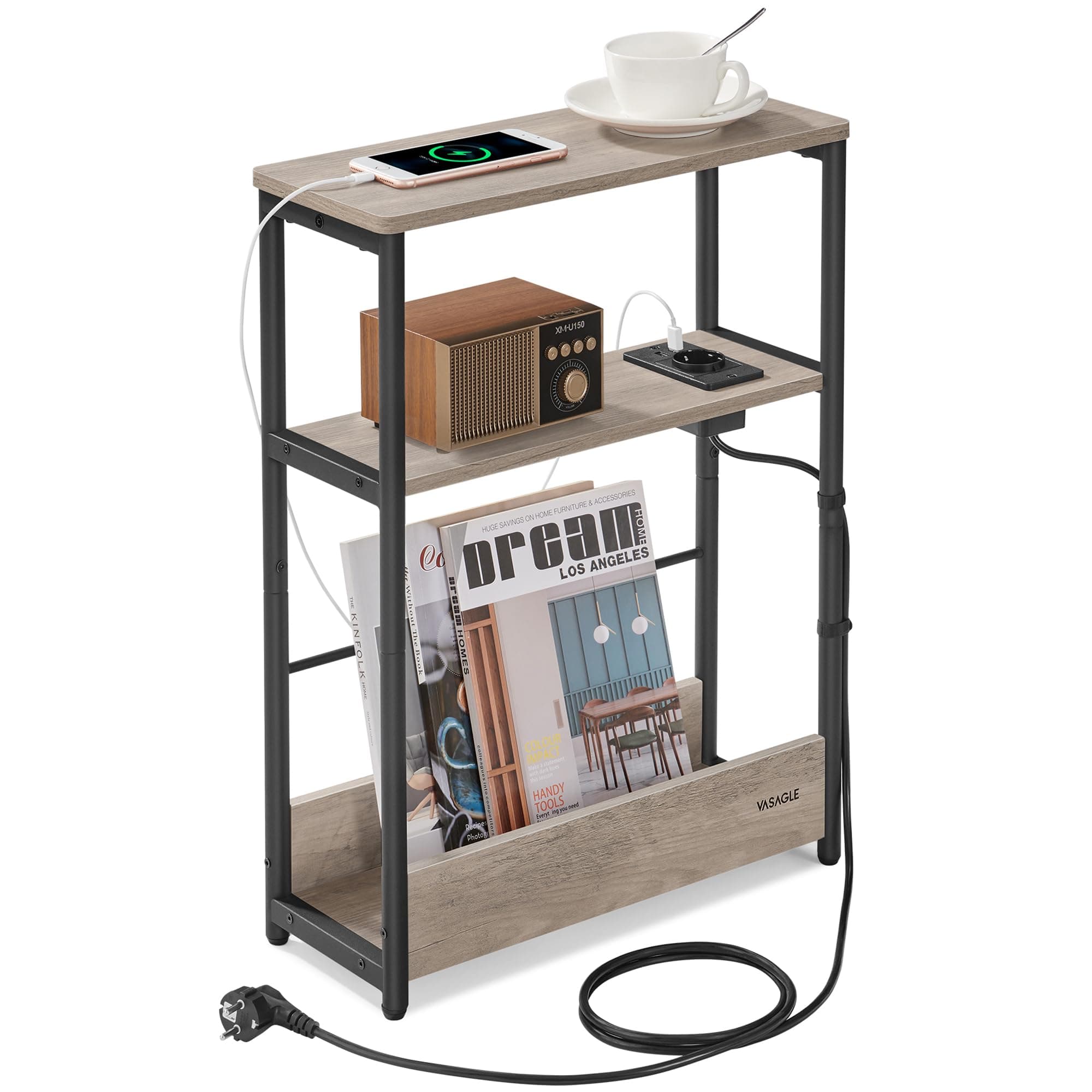 VASAGLE Beistelltisch schmal, Nachttisch mit Ladefunktion, Couchtisch klein, 3 Ablagen, Zeitschriftenhalter, für Wohnzimmer, Schlafzimmer, Arbeitszimmer, Greige meliert-tintenschwarz LET335K05