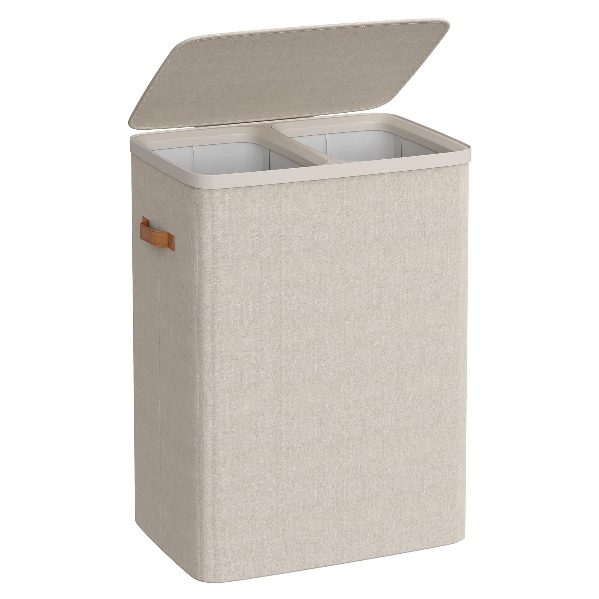 SONGMICS Cesto Portabiancheria, Porta Biancheria Sporca da 170 L, 2 Scomparti, Montaggio Facile, con Coperchio Maniglie, Sacchi Interni Rimovibili, 56 x 40 x 75 cm, Beige Cappuccino LCB813L01