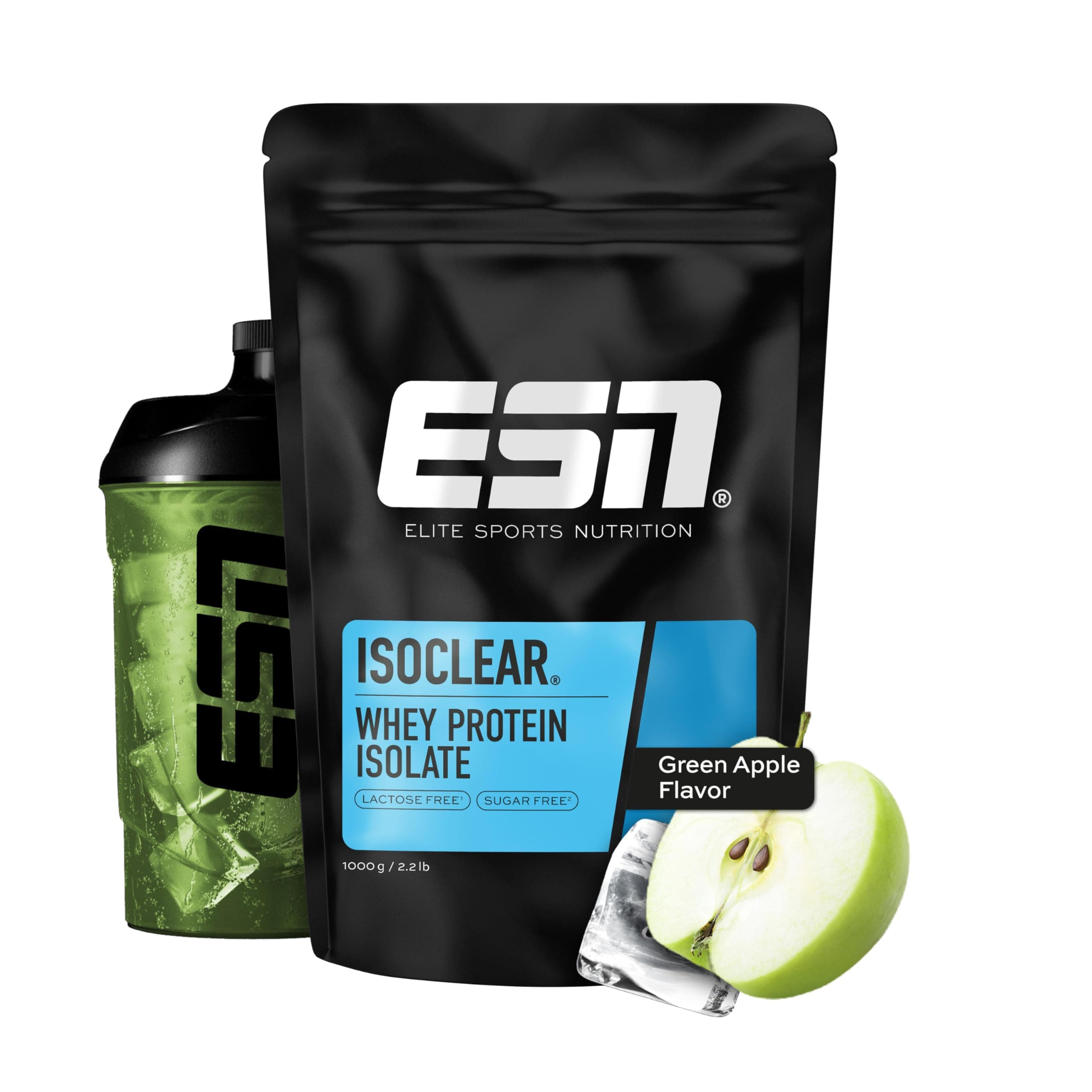 ESN ISOCLEAR Whey Isolate Protein Powder, Manzana verde, 1000 g, limonada de proteínas con un sabor afrutado y delicioso, suero de leche claro - made in Germany