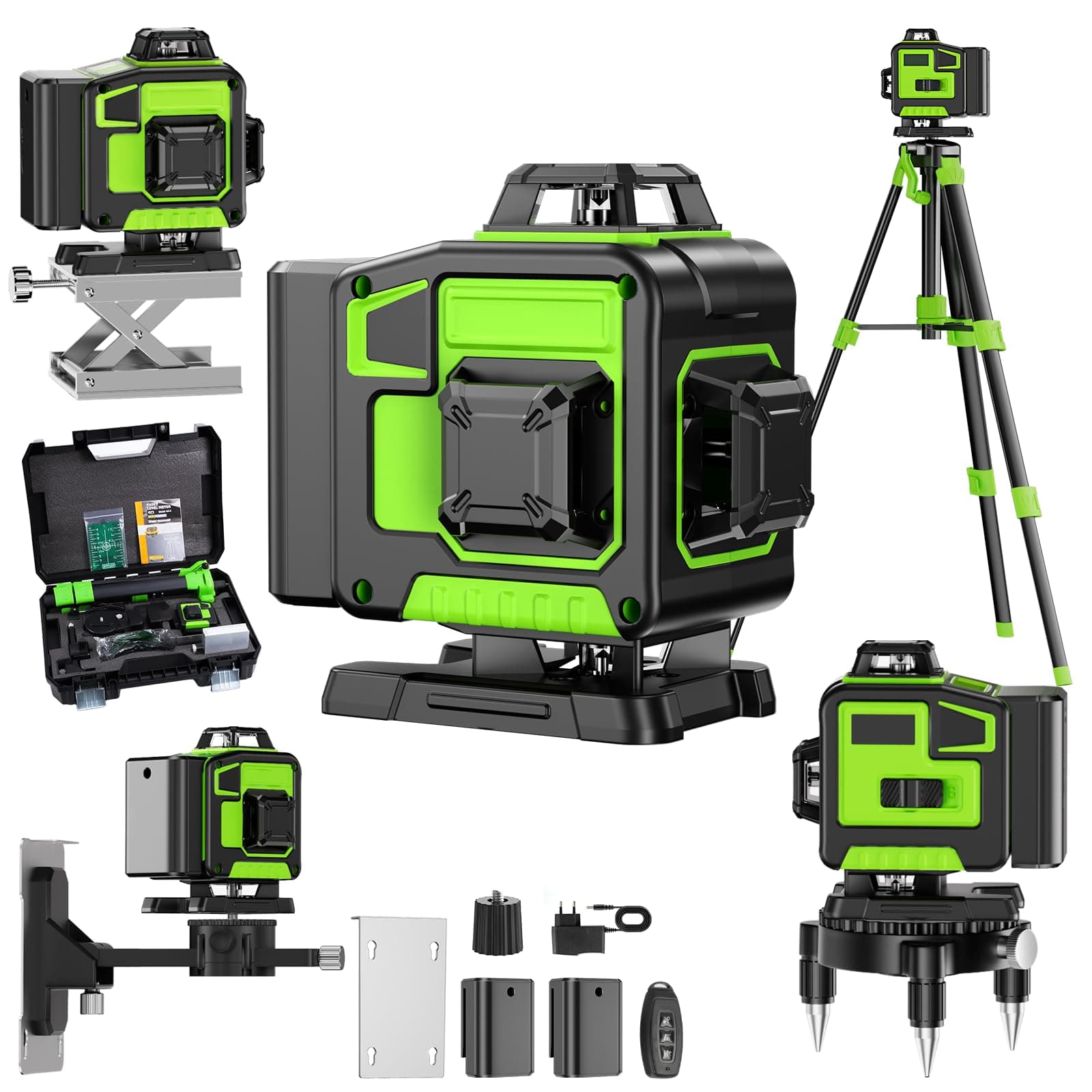 Niveau Laser Chantier Autonivelant 360° x 4, Lazer Niveaux 4D 16 Lignes Laser, Mode Impulsion ExtéRieur, 2 x Batterie, Nivellement Automatique, Support Rotatif, Télécommande(Avec trépied)