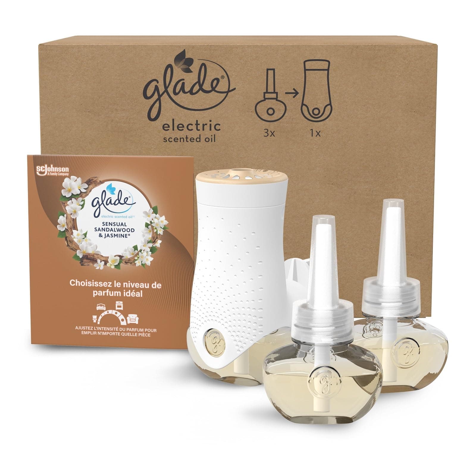 Glade Electric Scented Oil Diffuseur Réglable - Infusé Aux Huiles Essentielles - Jusqu'à 120 Jours De Parfum - Sensual Sandalwood & Jasmine - 1 Diffuseur + 3 Recharges 20ml