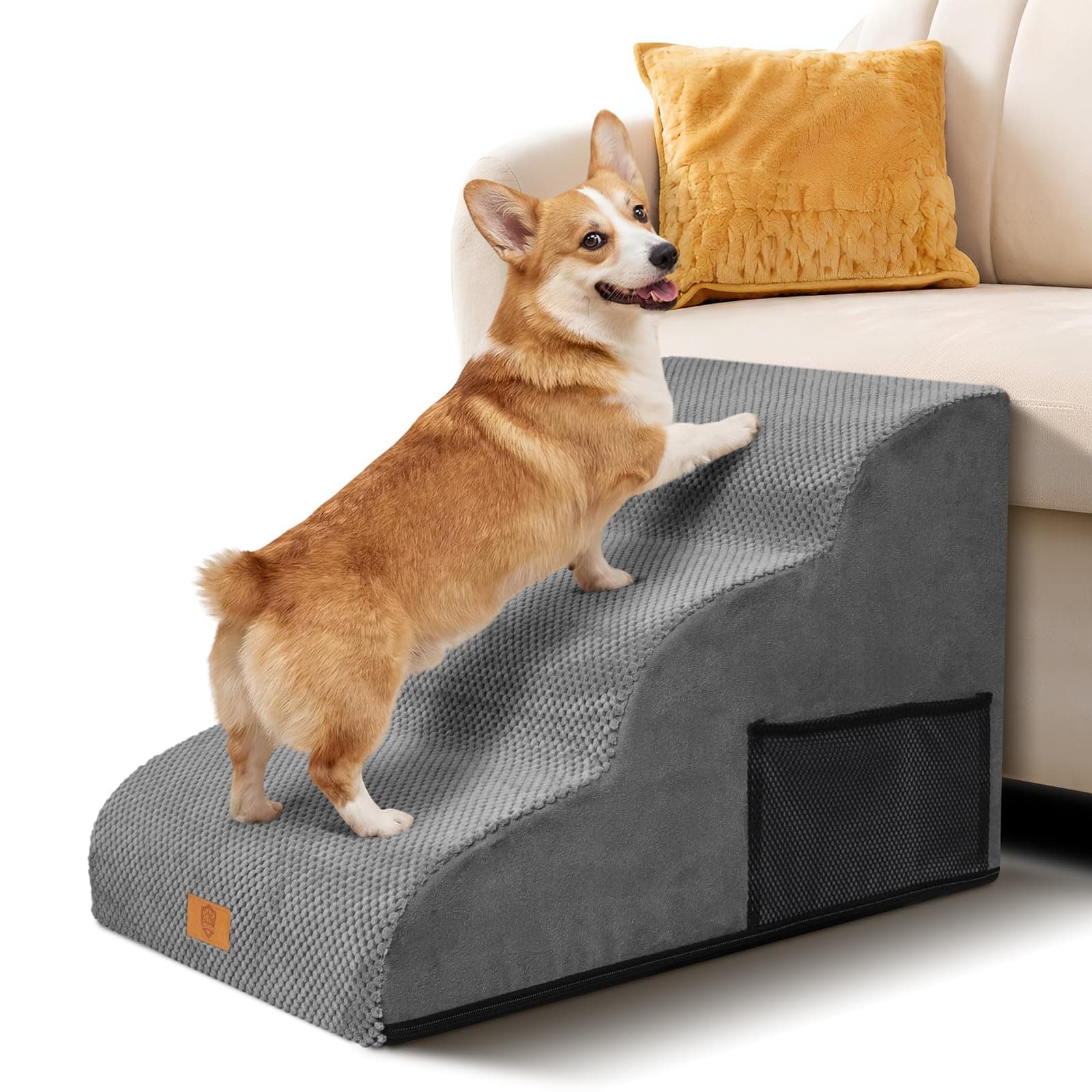 Escaliers pour Chiens à 3 Marches, Masthome Escalier pour Animaux en Éponge avec Couvercle Amovible, Escalier Chien Antidérapante pour Chiots, Chats et Animaux Agés, Gris