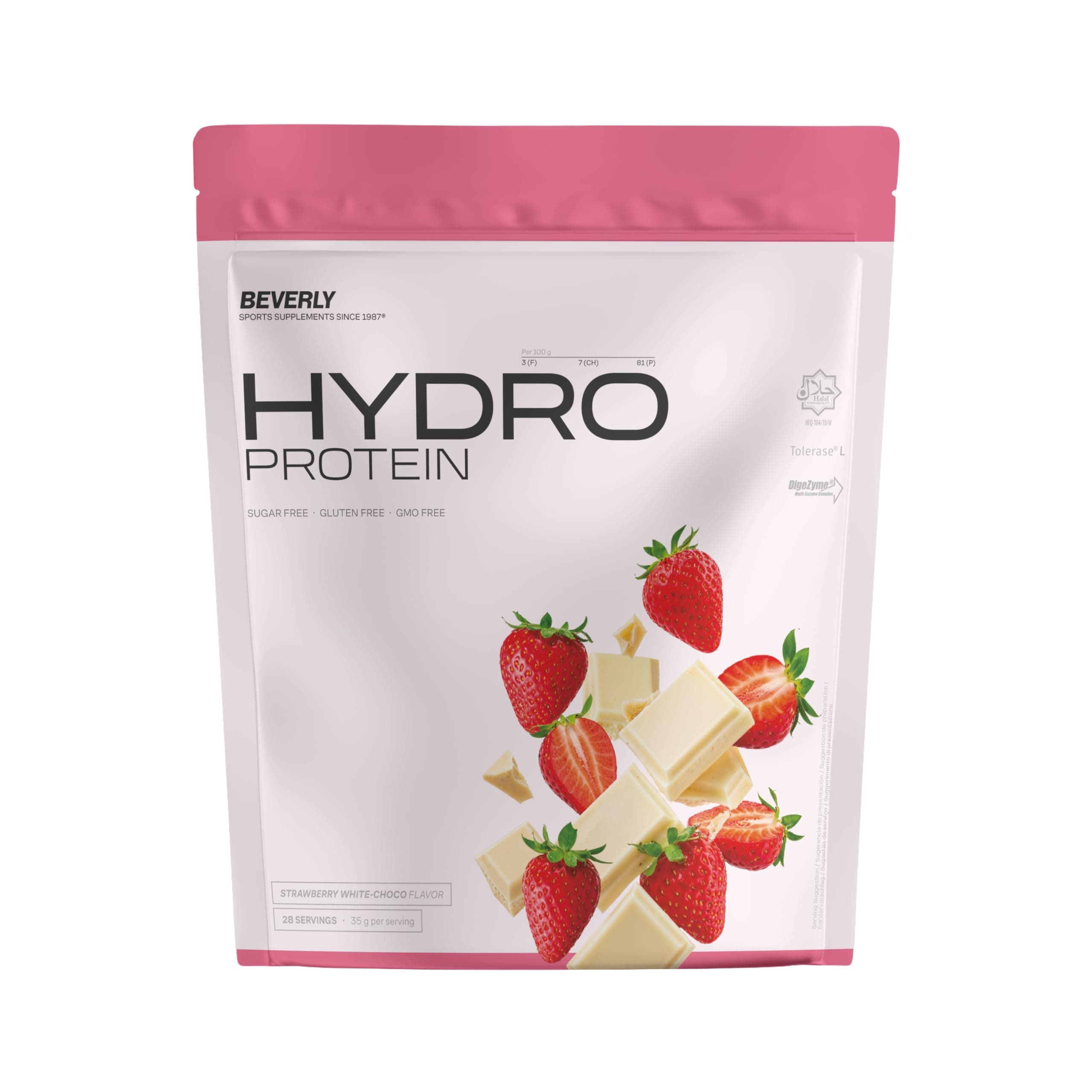 Beverly HYDRO PROTEIN – Proteína Hidrolizada de Suero con DigeZyme® y Tolerase® | 29 g Proteína por Ración | 1 kg (28 Servicios) | Alta Digestibilidad (Chocolate blanco fresa)
