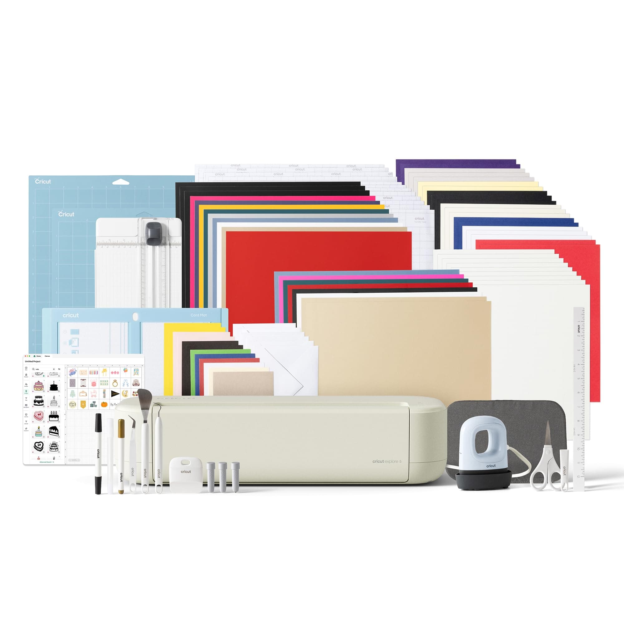Cricut Explore® 5 Ultimate Bundle + Contenido digital, Máquina de corte inteligente con prensa térmica para manualidades DIY, vinilos, camisetas, pegatinas a color y tarjetas