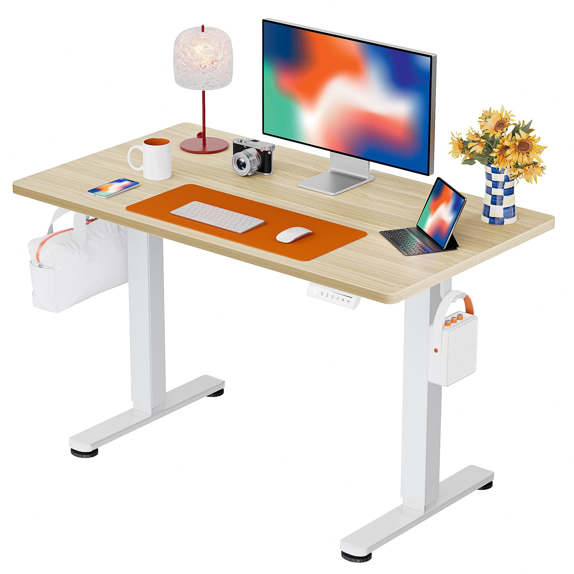 ErGear Escritorio Elevable Eléctrico, Secretaria Elevatoria, Mesa Elevable con Panel Inteligente de 4 Memorias y Gancho, Tablero de Mesa Ensamblado con Paneles (Beige, 100x60 cm)
