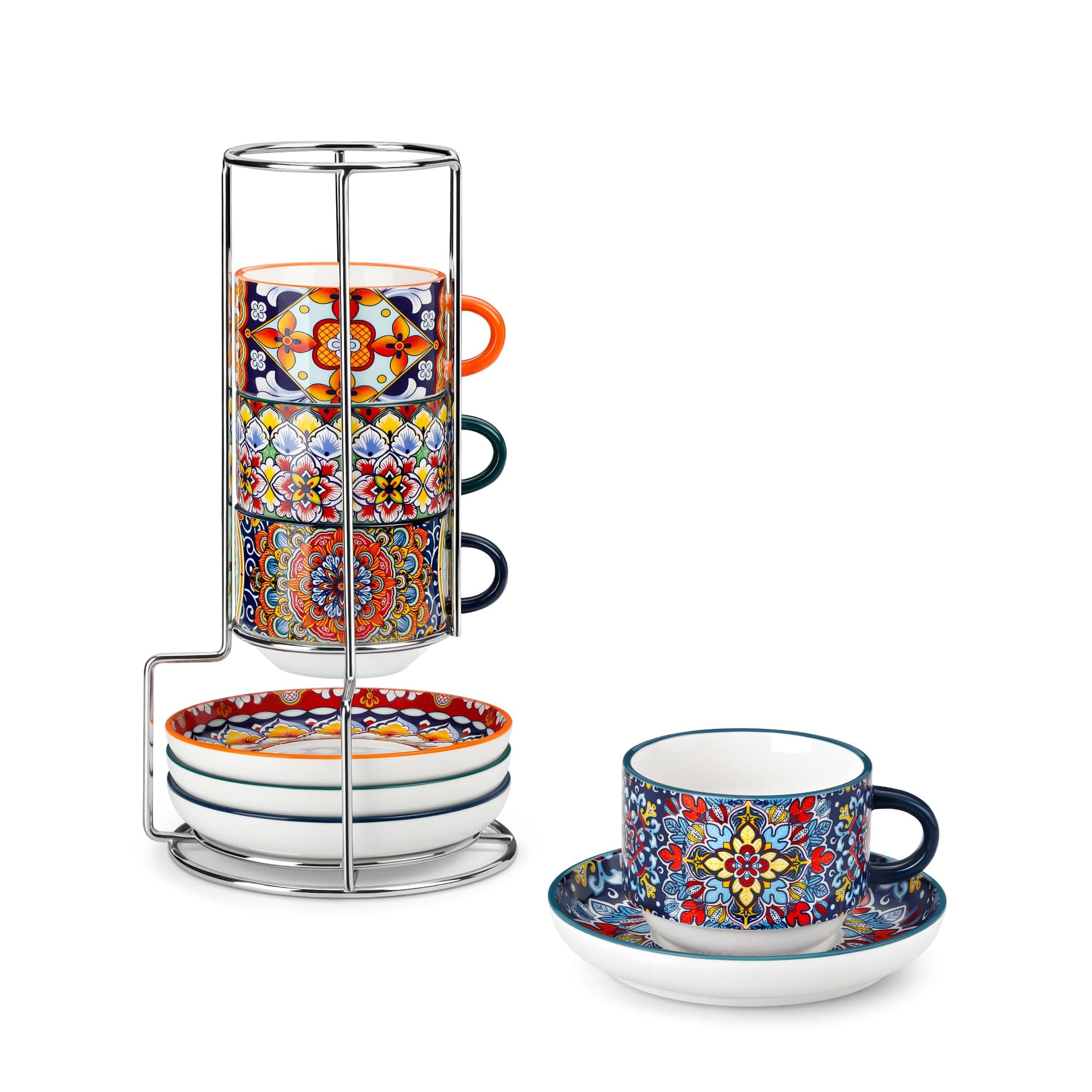 vancasso SIMI Espressotassen 4er Set, 90 ml Espresso Kaffeetassen mit Untertassen & Ständer, Stapelbar Dickwandig Kaffeebecher aus Porzellan für Kaffeegetränke, Cappuccino, Latte, Tee – Elegantes