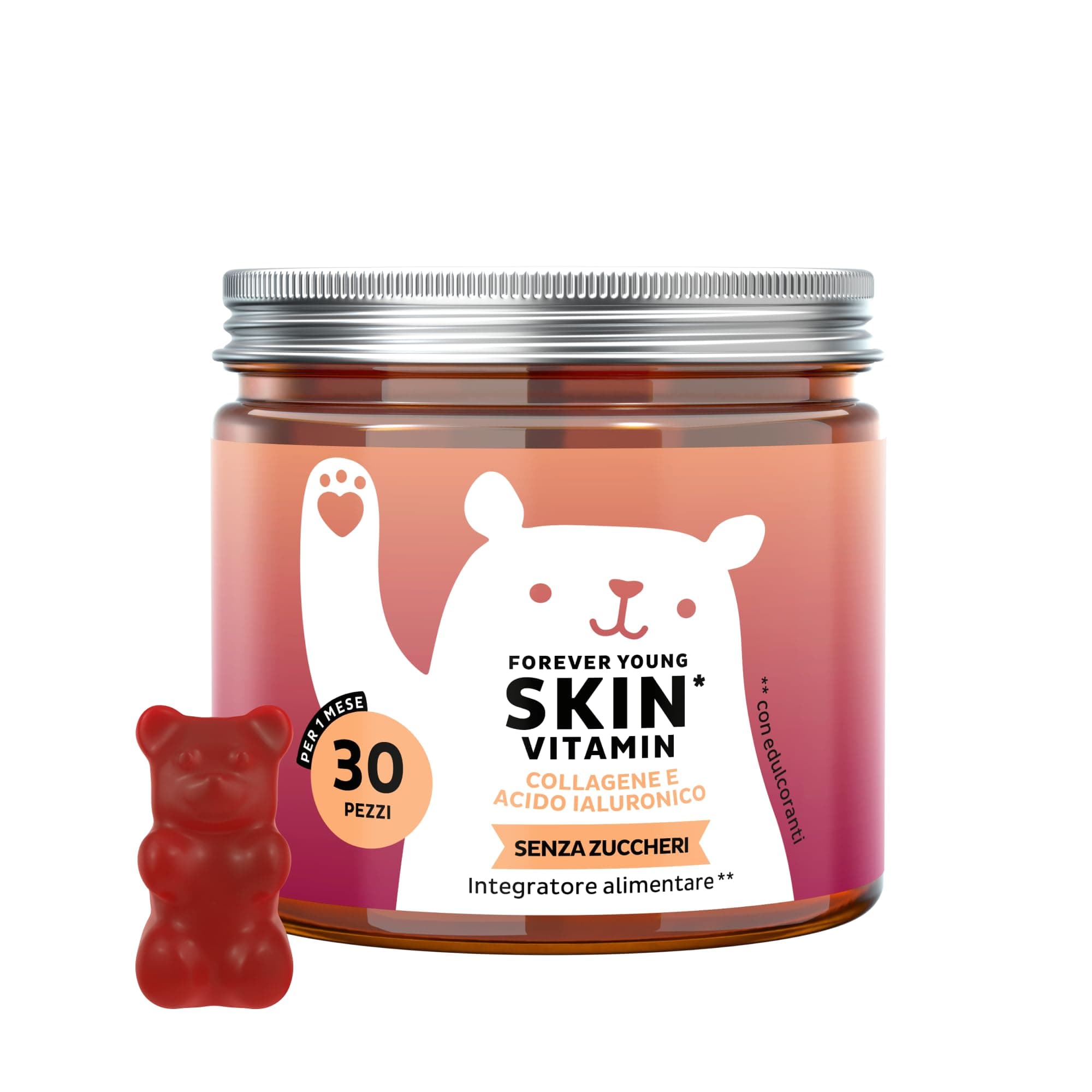 Forever Young Skin – Collagene Vitaminico & Acido Ialuronico – Gommose Anti-Age – con Vitamina C, E e Coenzima Q10 – 30 pezzi (1 mese) – Senza zuccheri – Bears with Benefits