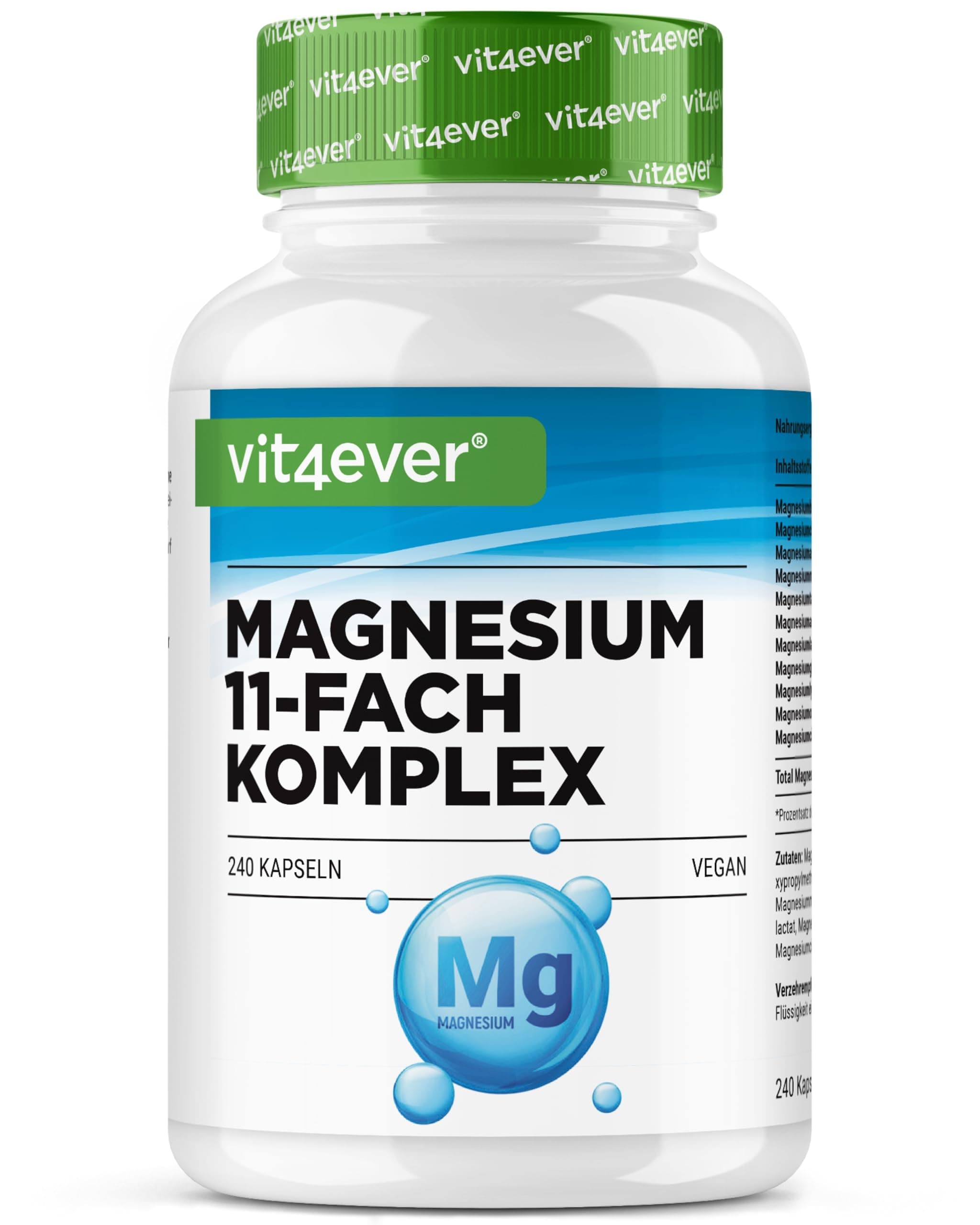 Complesso di magnesio - 240 capsule - A base di 11 composti di alta qualità - 408 mg di magnesio elementare per dose giornaliera - Altamente dosato - Vegano