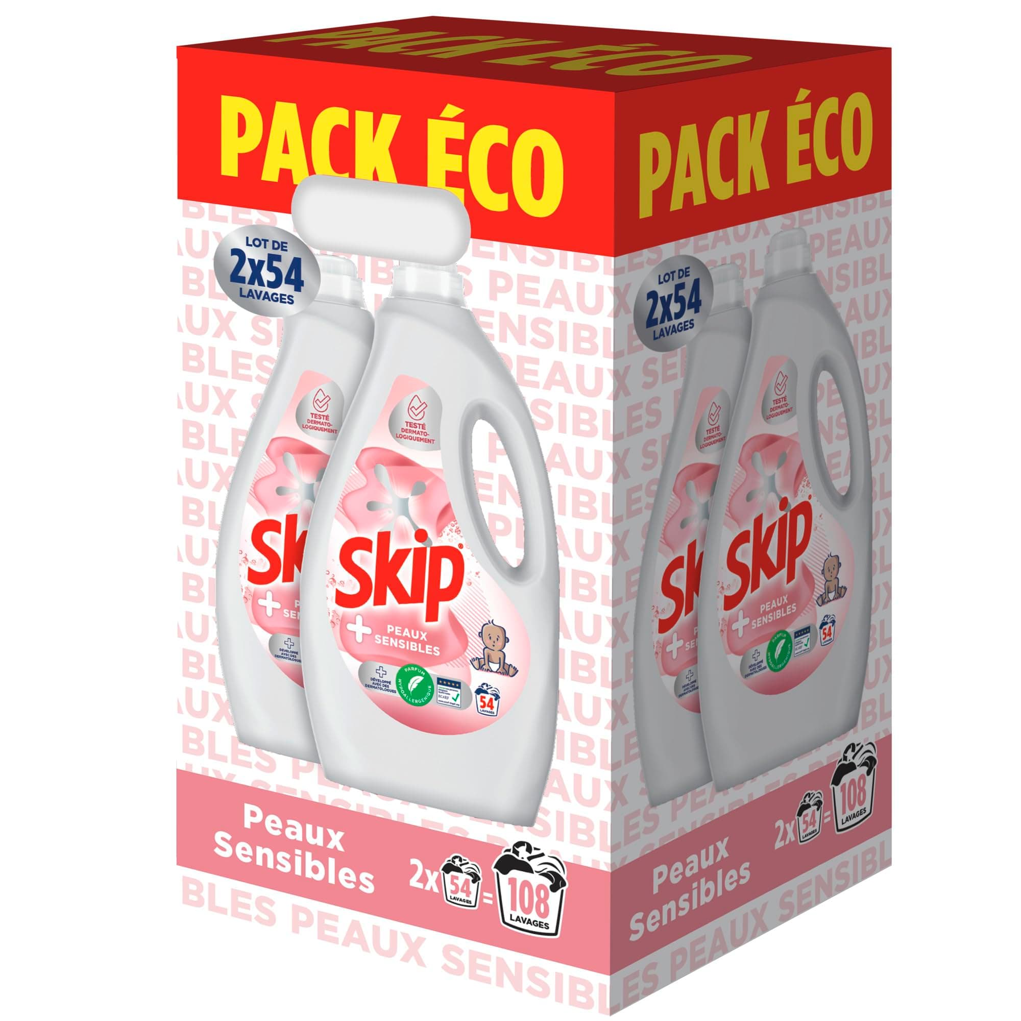 Skip - Lessive Liquide Peaux Sensibles - Contre les taches tenaces - Parfum léger et agréable - Testée dermatologiquement - 2x54 Lavages