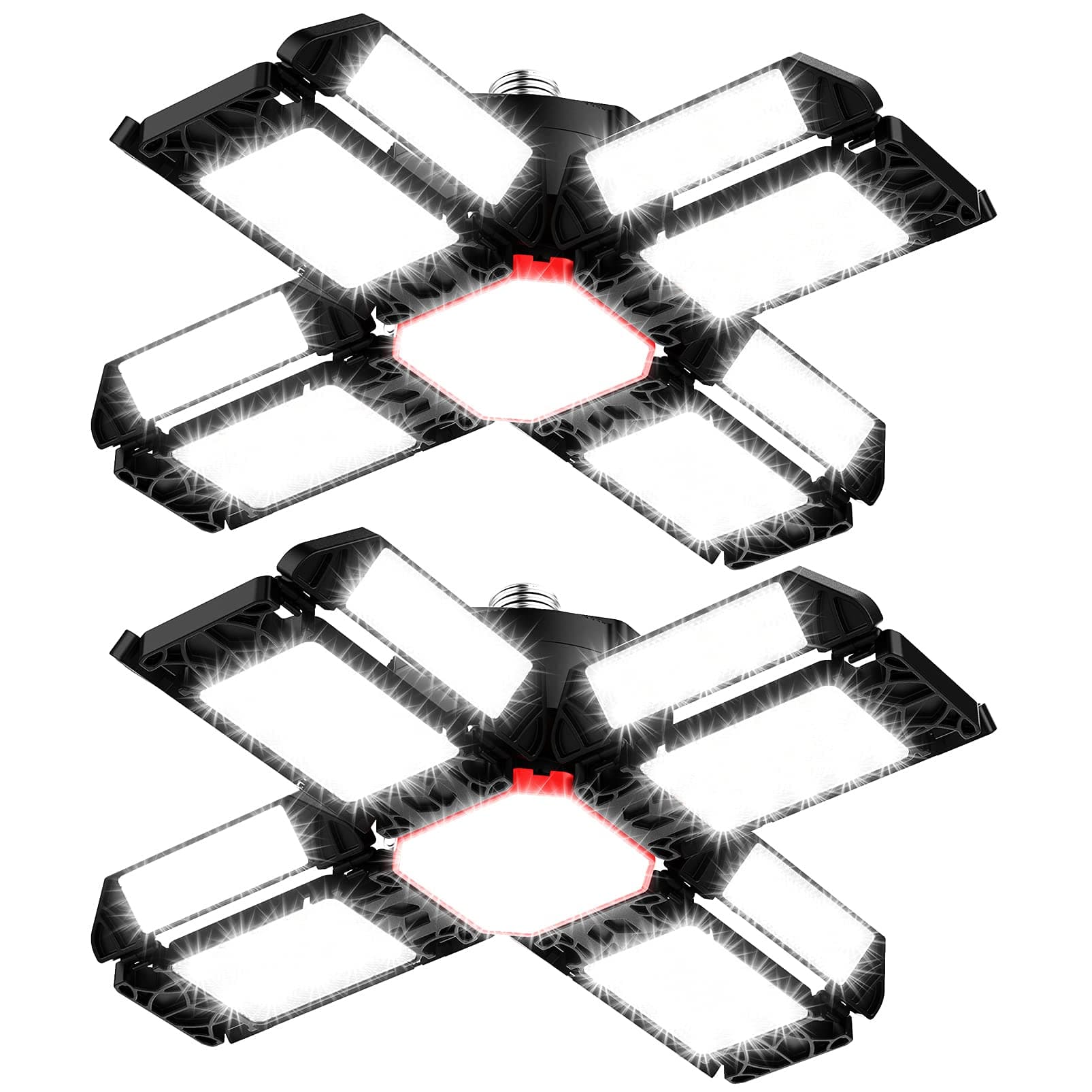 Rafow 200W LED Lampe d'atelier Eclairage de garage 2 PCS - 20000LM 6500K Plafonnier déformable avec 12 Panneaux Réglables - E26 / E27 Bay Light pour cave magasin atelier grange entrepôt