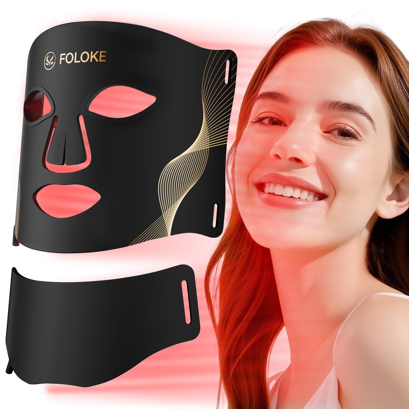 FOLOKE Maschera di Terapia con Luce LED per la Cura della Pelle, Maschera LED per Vista e Collo, Rosso - Lunghezza d’onda per Uso domestico, – Cura della pelle avanzata resa semplice