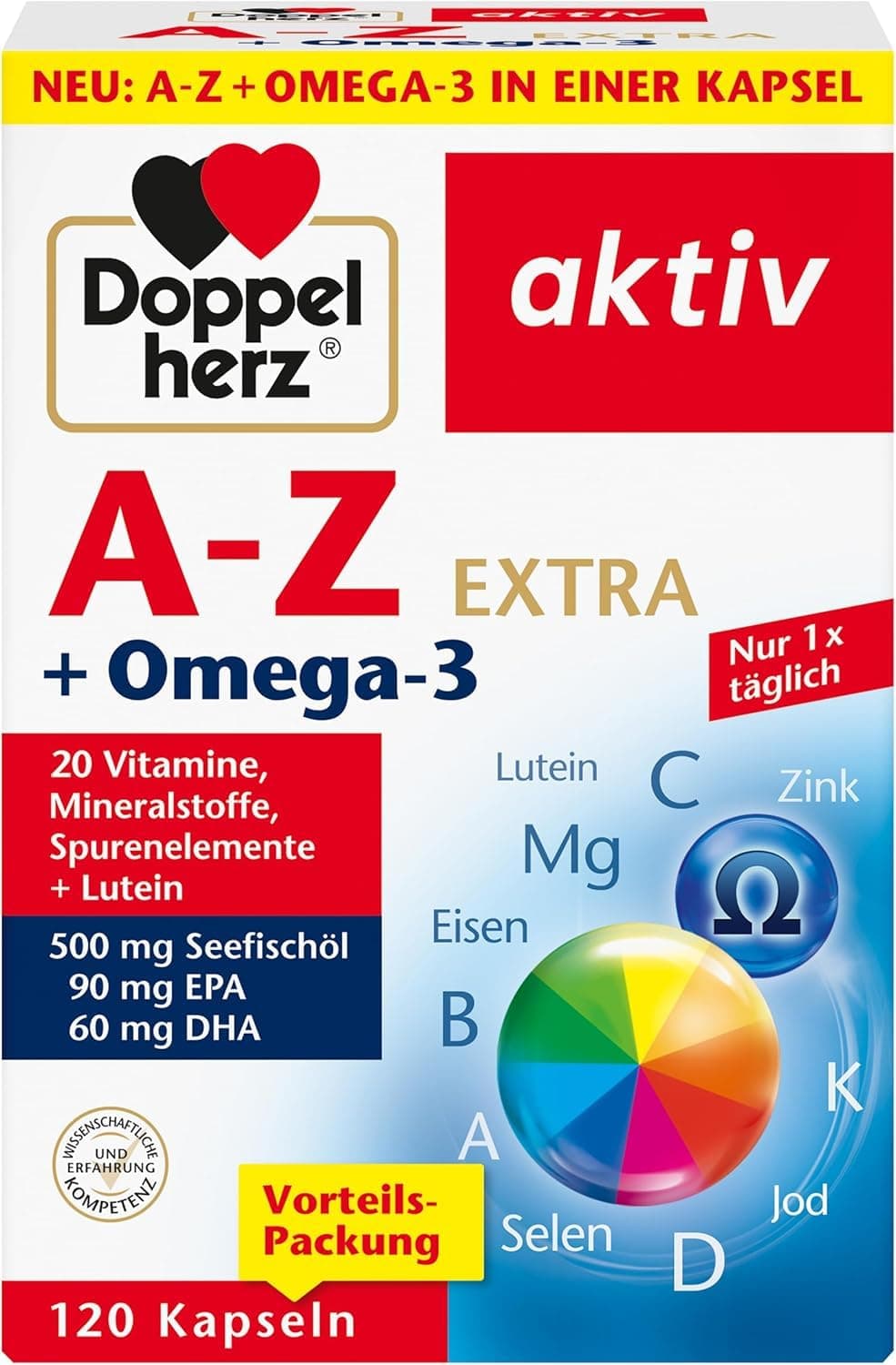 Doppelherz A-Z + Omega-3 Extra - 20 Vitamine, Mineralstoffe & Spurenelemente + Omega-3 + Lutein - Nur 1 Kapsel täglich - 120 Kapseln