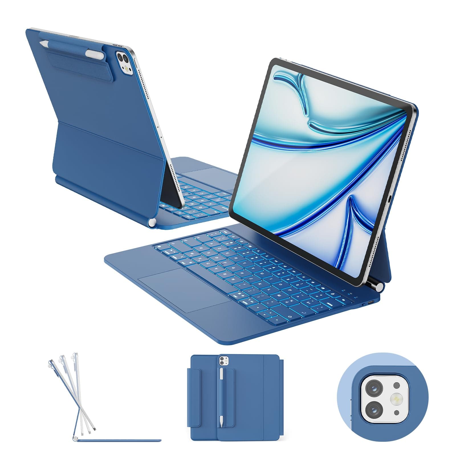 RAYMCRAFT Clavier pour iPad Air 13 Pouces (M4/M3/M2, 2026/2025/2024), Clavier Magic Keyboard pour iPad Pro 12,9 Pouces (6/5/4/3 Gen), Rétroéclairage 11 Couleurs, Attache Stylet, Trackpad, Bleu Acier