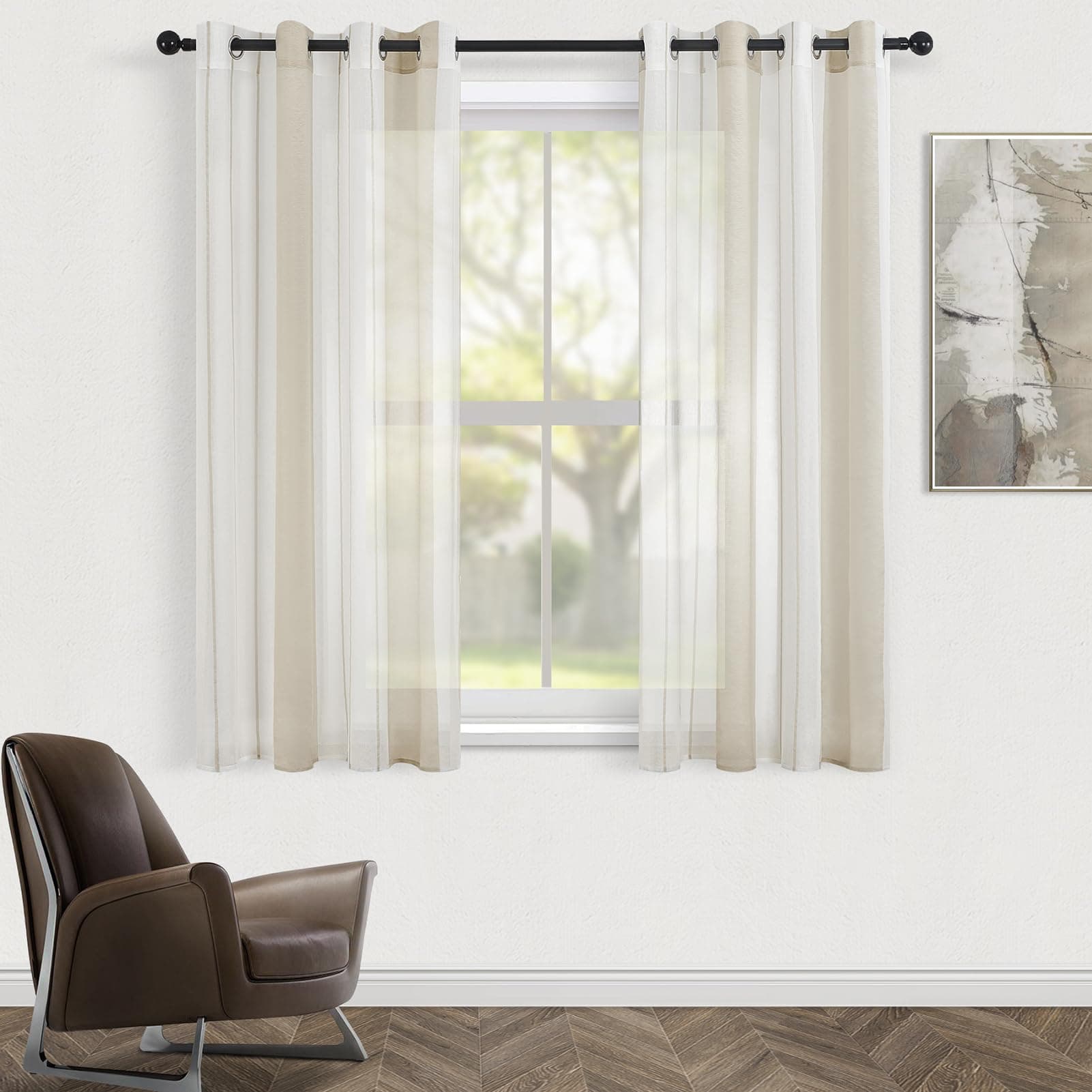 Topfinel Cortinas Dormitorio Cortina Corta para Ventana 140x160cm Rayas Semitranslúcidas Blanco+Caqui 2 Piezas Cortina Visillos con Ojales De Barra para La Habitacion De Juvenil Salon Y Comerdor