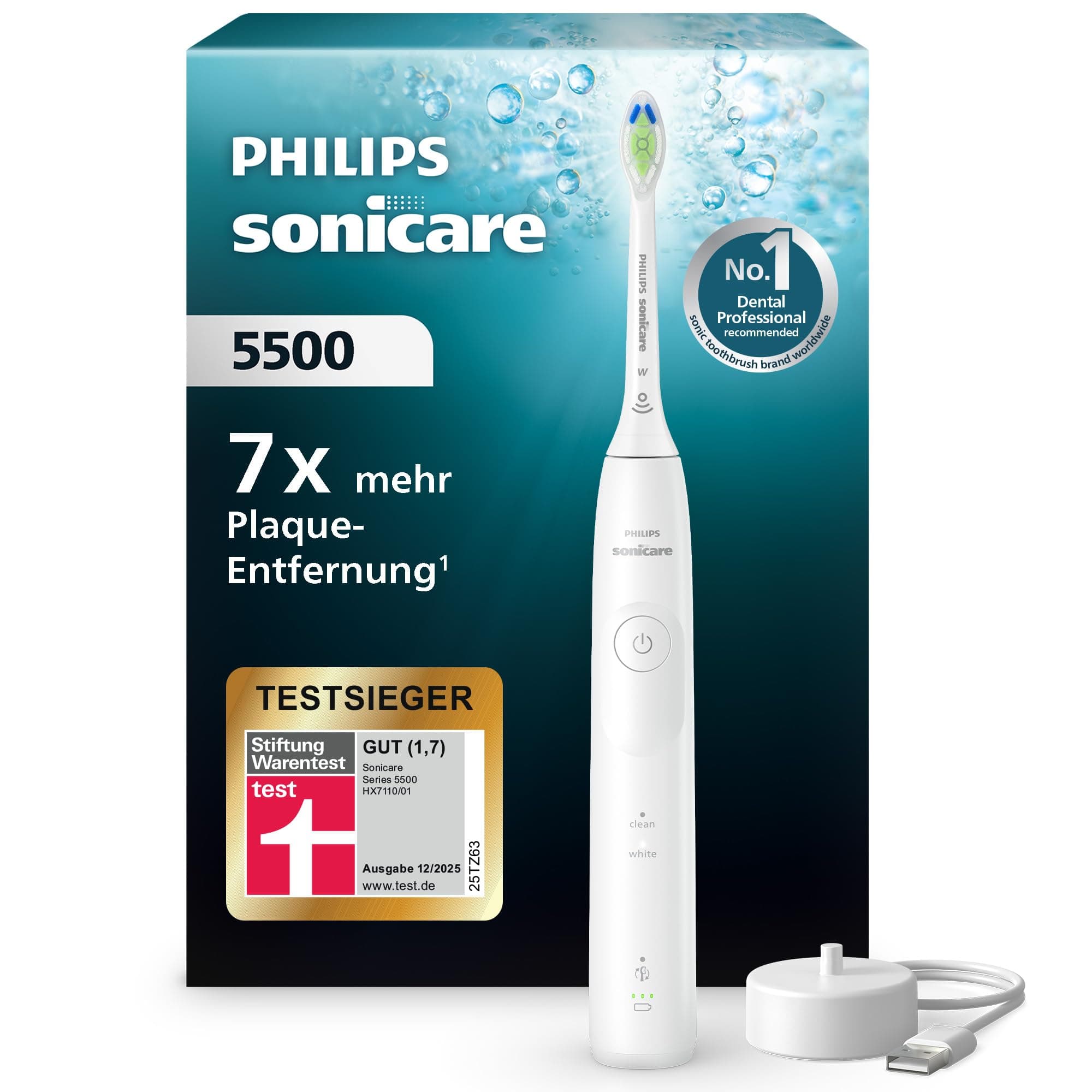 Philips Sonicare 5500 elektrische Zahnbürste, Schallzahnbürste mit 1 Intensitätsstufe, Andruckkontrolle, EasyStart, SmarTimer und BrushPacer, Weiß, Modell HX7110/01 [Neue Technologie]