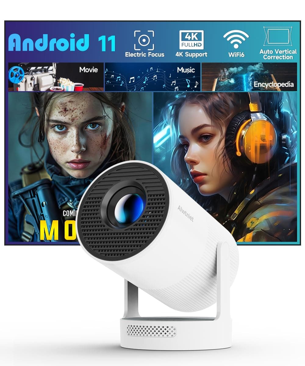 【Enfoque eléctrico】Mini Proyector Alwtniet compatible con 4K, proyector portátil con WiFi 6 y Bluetooth 5.4, projector inteligente, altavoz de base de sonido de 5W, rotación de 180° para cine en casa